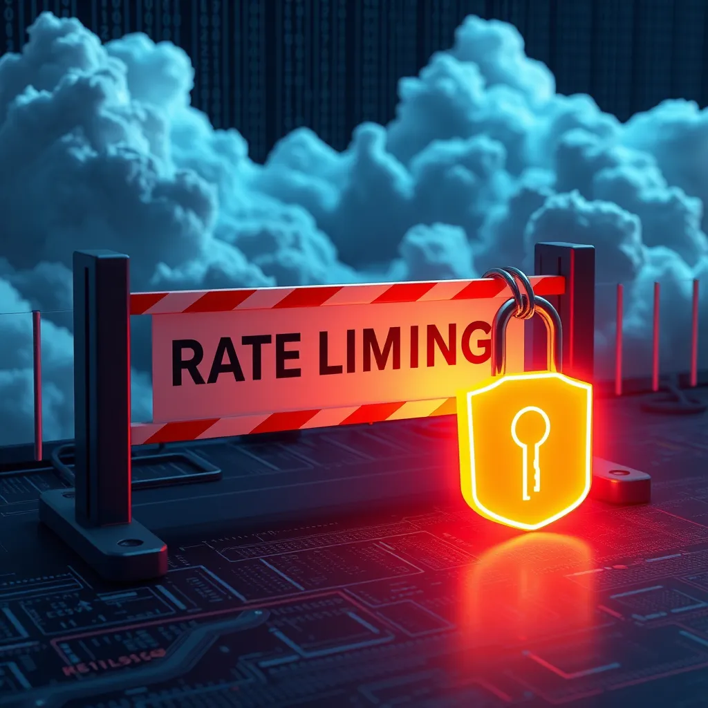A secure digital environment showcasing a barrier symbolizing rate limiting, with a glowing API key in front of it. The background should include clouds of data flowing smoothly, illustrating balanced performance and effective security measures in an advanced tech setup.