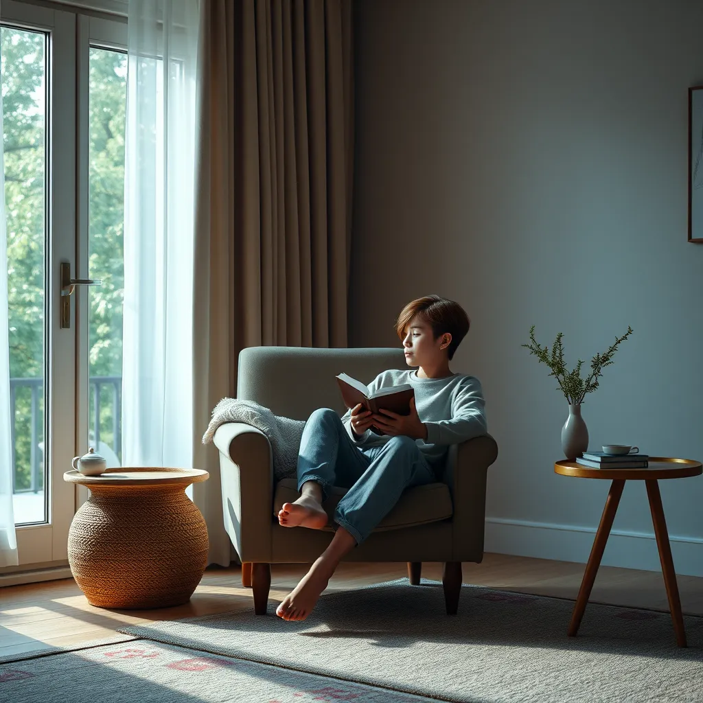 A serene, comforting scene in a peaceful room with natural light filtering through a window. A person sitting on a cozy chair, reflecting thoughtfully with a journal in hand. Soft colors, warm textures, and a sense of tranquility.