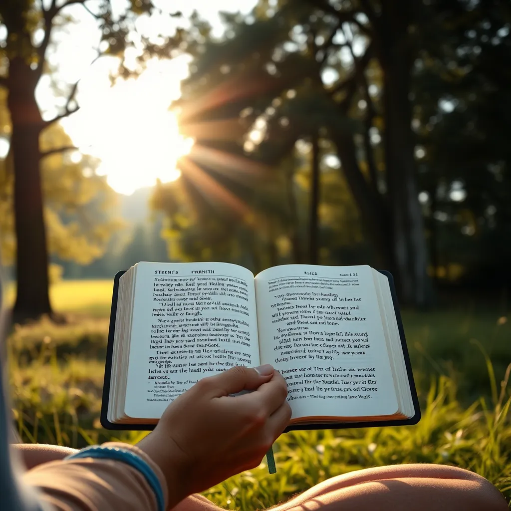 A serene, peaceful landscape with a person meditating, holding a Bible open to a highlighted verse about strength and perseverance. Soft sunlight filters through trees, creating a tranquil atmosphere, symbolizing peace and spiritual guidance for weight loss.