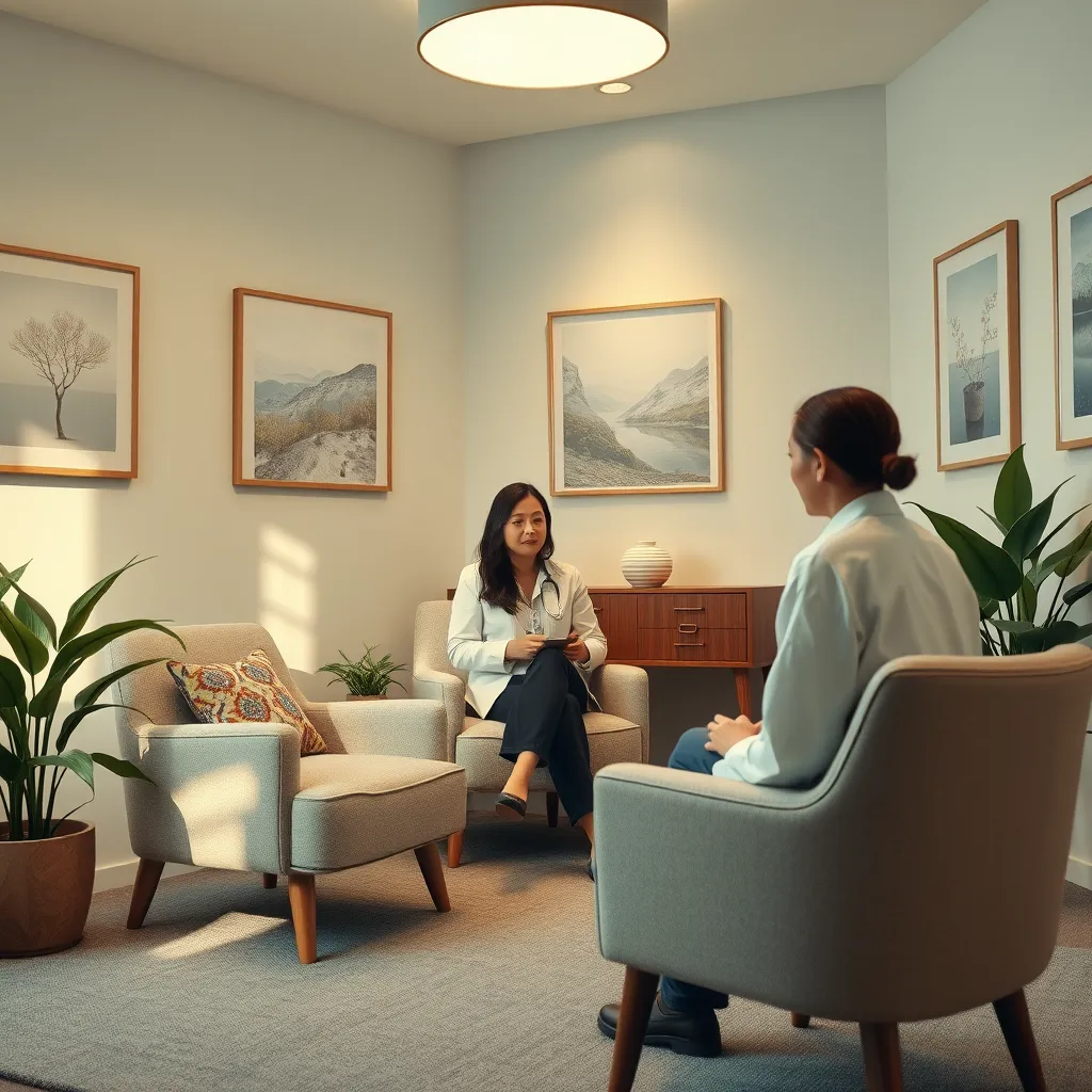 A serene and calming counseling room with plush chairs, greenery, and soft artwork on the walls. A mental health professional is seen engaging with a client in a warm, inviting atmosphere, promoting a sense of safety and openness.