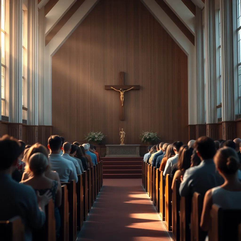 A serene church interior bathed in soft light, showcasing a wooden cross at the altar. The pews are filled with diverse congregation members in prayer and meditation, embodying a sense of unity and devotion.