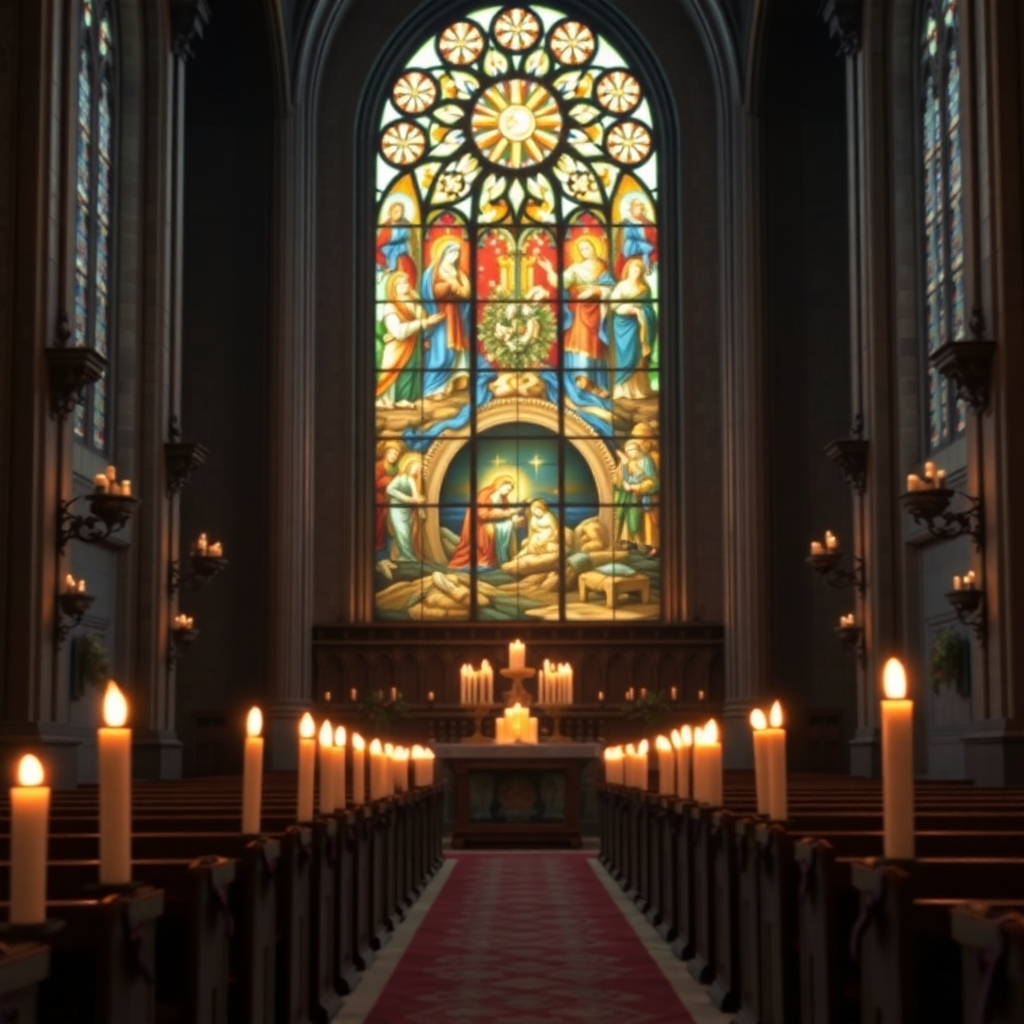 A serene church interior during Advent, with candles lit and a large stained glass window depicting the nativity scene, creating an atmosphere of reverence, hope, and the sacred nature of the Christmas season.