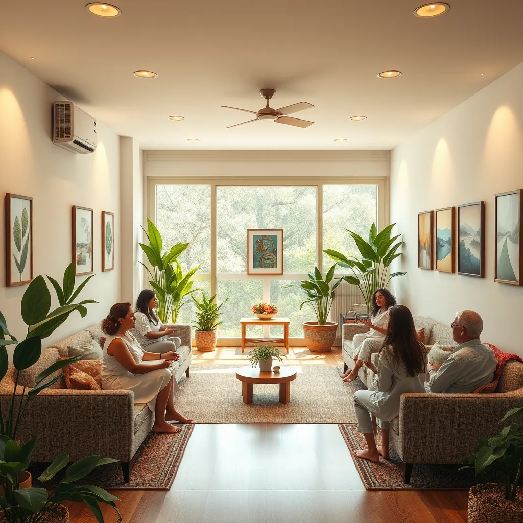 A serene community healing space, illustrating a decorated room with comfortable seating, plants, and art. People are participating in holistic activities like meditation, counseling sessions, and group discussions, promoting emotional and spiritual well-being.