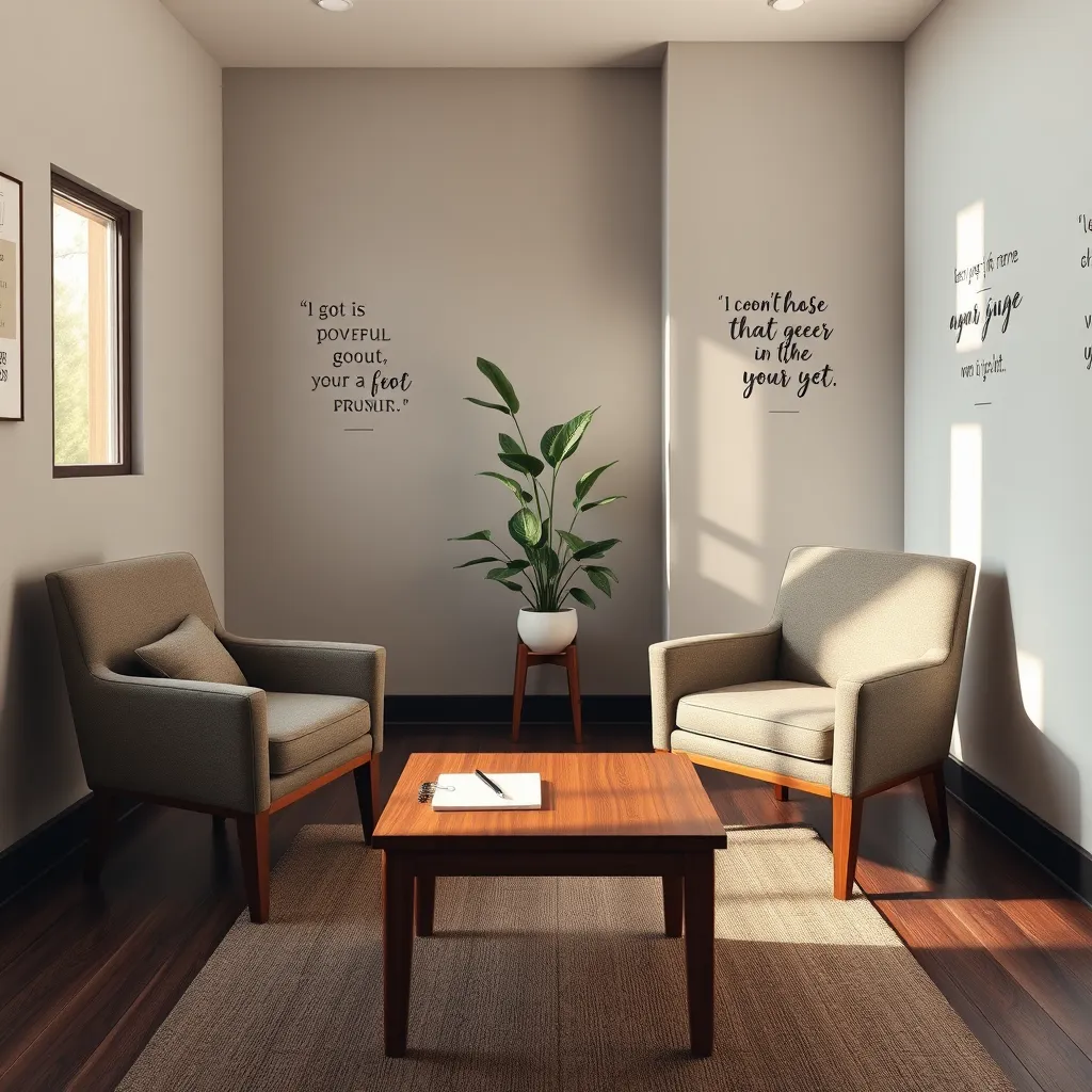 A serene counseling office with two comfortable chairs facing each other, a wooden coffee table with a notepad and a pen, soft natural lighting coming through a window, a potted plant in the corner, and inspirational quotes on the walls.