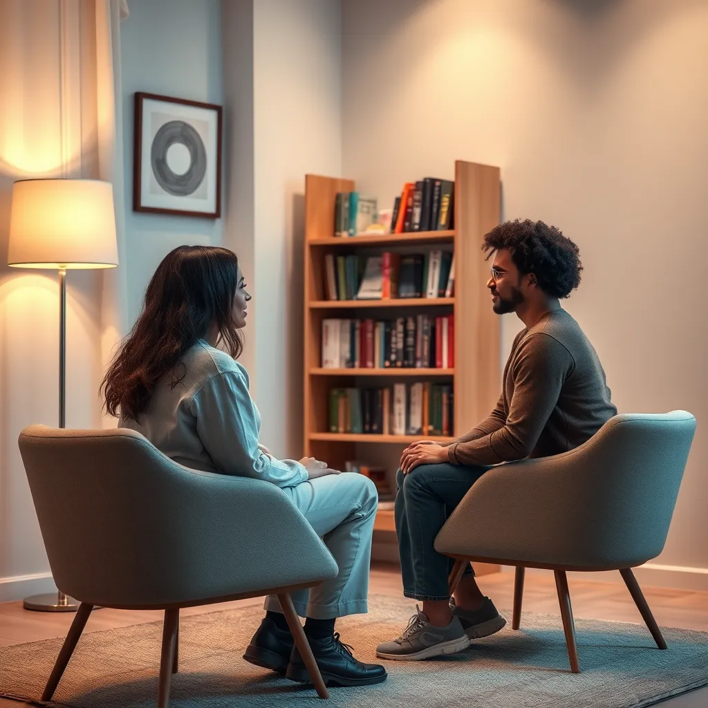 A serene counseling room with soft lighting and comfortable seating. A diverse couple is sitting across from a warm and empathetic counselor, discussing their feelings. Books on relationships are visible on a shelf, creating a reassuring atmosphere.