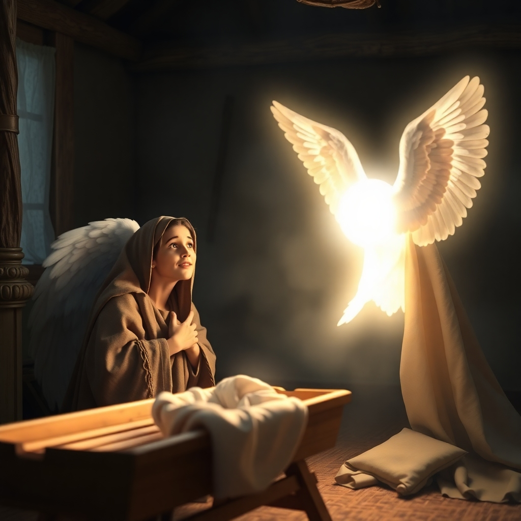A serene depiction of a glowing angel visiting Mary in a humble room, surrounded by soft light and gentle colors. Mary looks surprised yet calm, with a warm expression, emphasizing the miraculous nature of the event. The setting contains a simple wooden cradle, representing the future birth of Jesus.