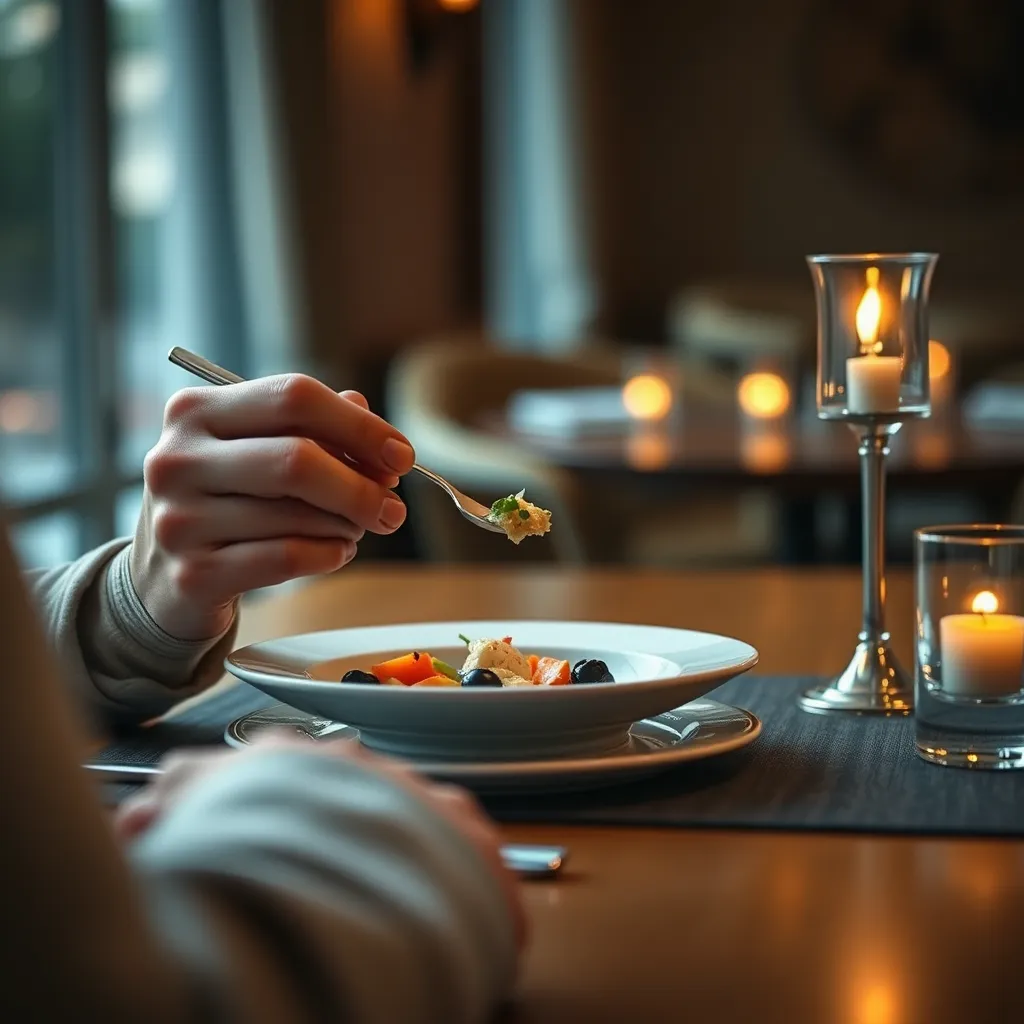A serene dining scene featuring a person enjoying a small, beautifully plated meal with fresh ingredients. The individual is focused on their food, savoring each bite, with soft candlelight creating a calm and mindful atmosphere.