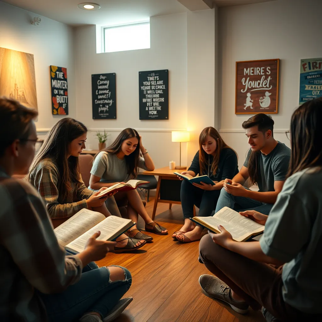 A serene indoor setting, featuring a group of young people sitting in a circle with open Bibles and notebooks, engaged in a study session. The atmosphere is warm and inviting, with soft lighting and inspirational posters on the walls, creating a space for learning and spiritual growth.