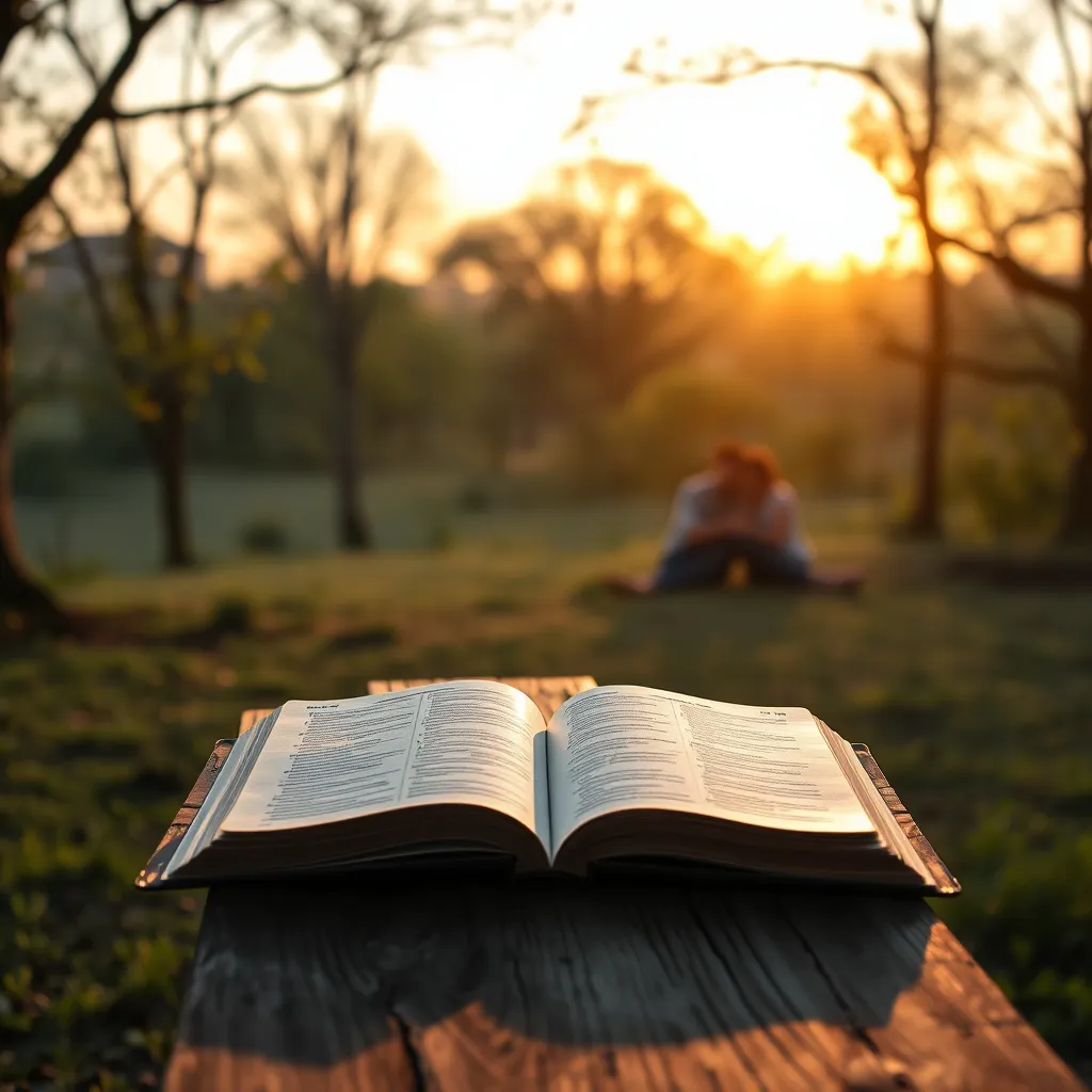 A serene landscape at sunset featuring an open Bible placed on a wooden bench. Gentle light filters through trees, creating a peaceful atmosphere. A couple is seen in the background, sitting together and holding hands, representing unity and faith as they reflect on their relationship.