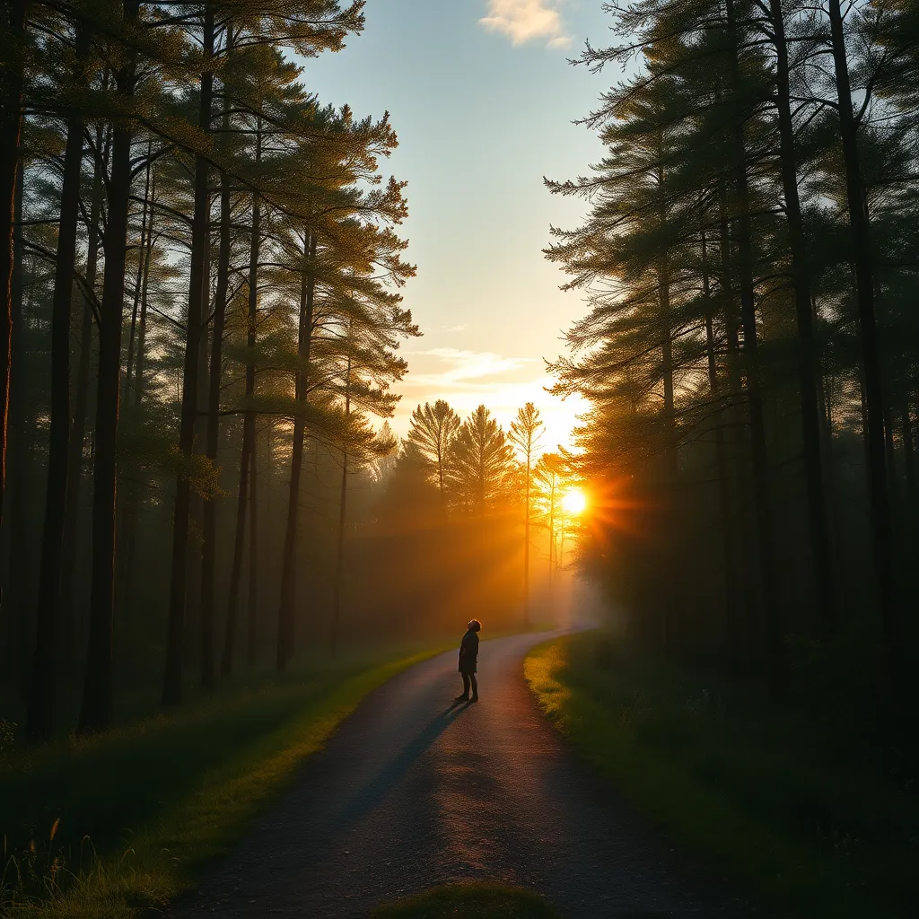 A serene landscape depicting a path through a quiet forest at sunset, with soft golden light filtering through the trees. A figure stands alone on the path, looking up towards the sky, embodying a sense of peace and divine presence.
