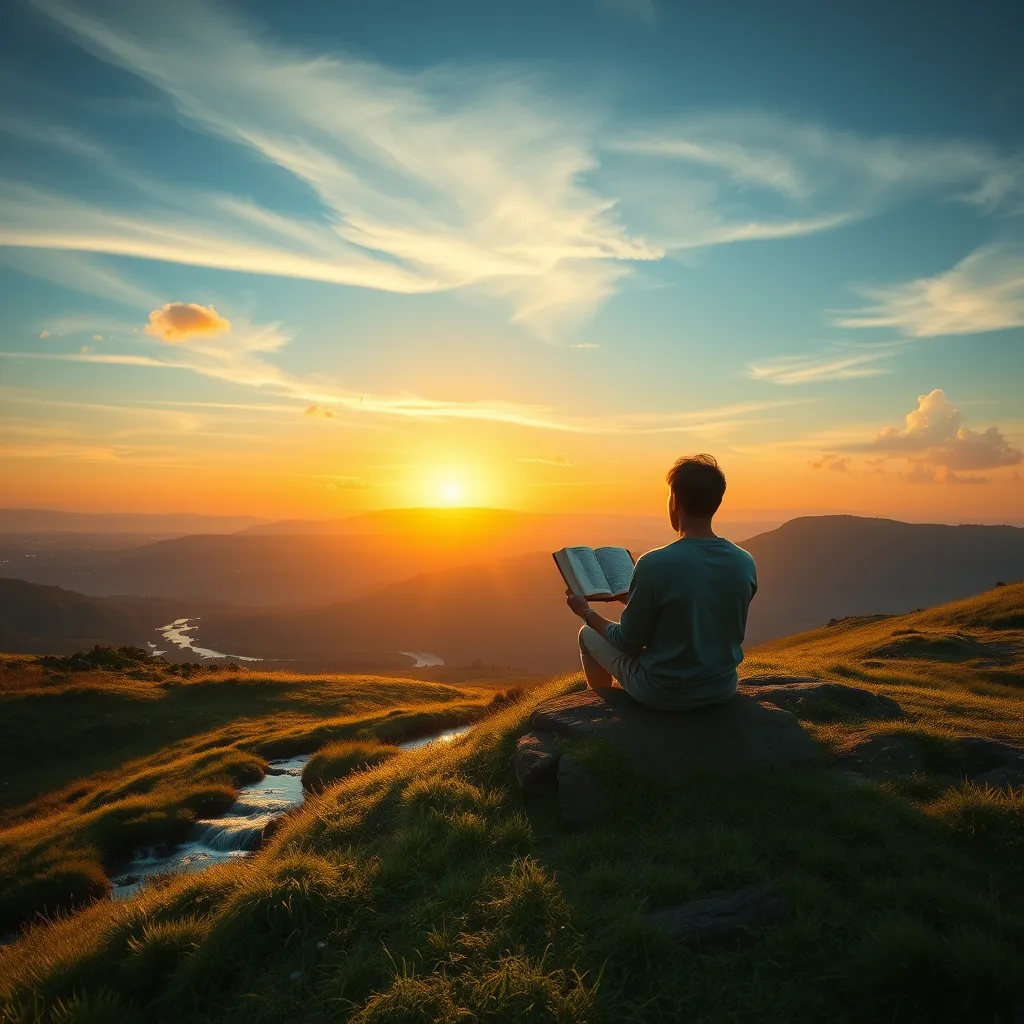 A serene landscape depicting a person sitting on a hilltop, holding a Bible and gazing at a sunset. The scene conveys a sense of peace and contemplation, surrounded by gentle, flowing streams and lush greenery, symbolizing hope and healing.