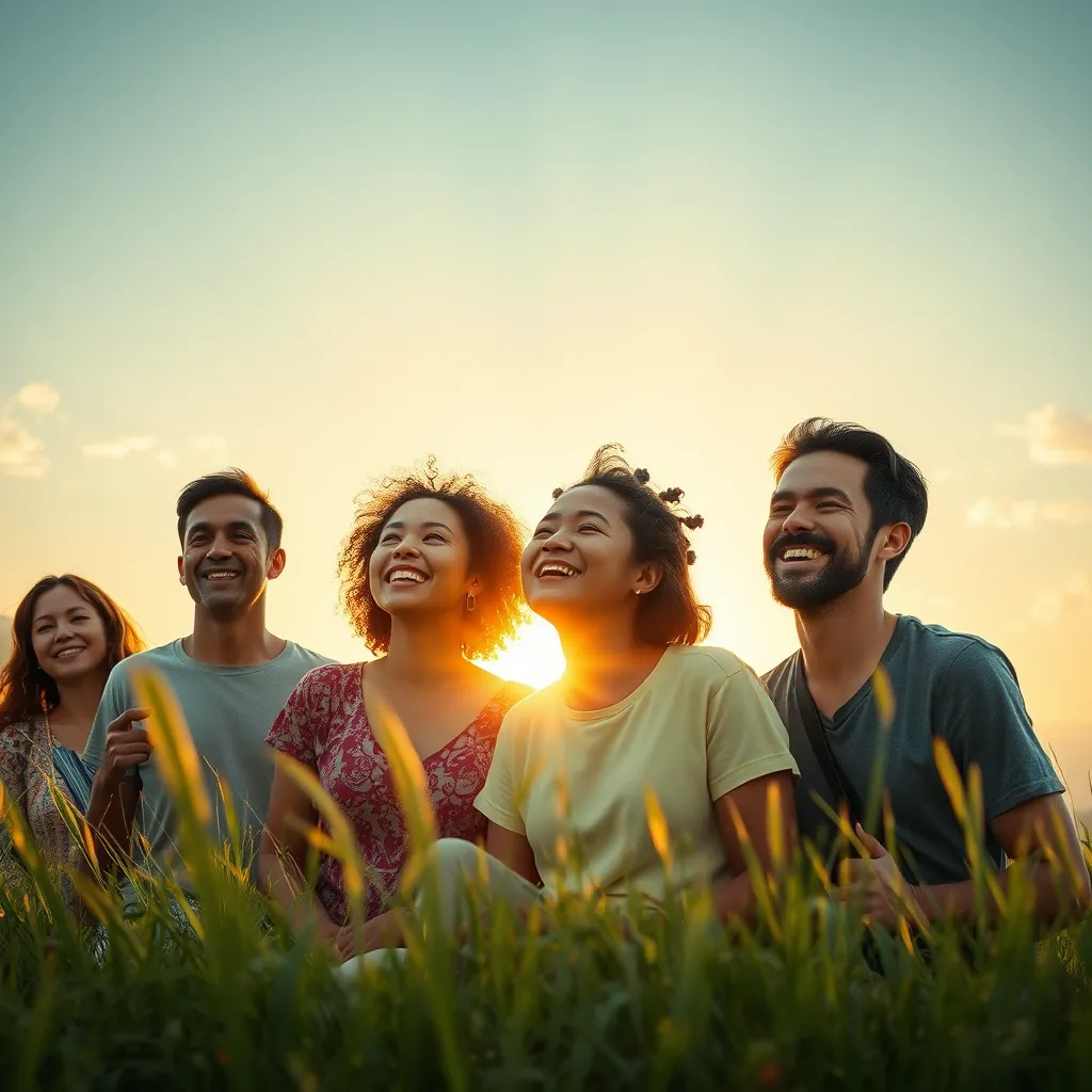  A serene landscape depicting a diverse group of people enjoying nature together, symbolizing unity and purpose in creation. In the background, a radiant sunrise represents hope and divine love, with gentle rays illuminating their faces, conveying a sense of joy and purpose in life.