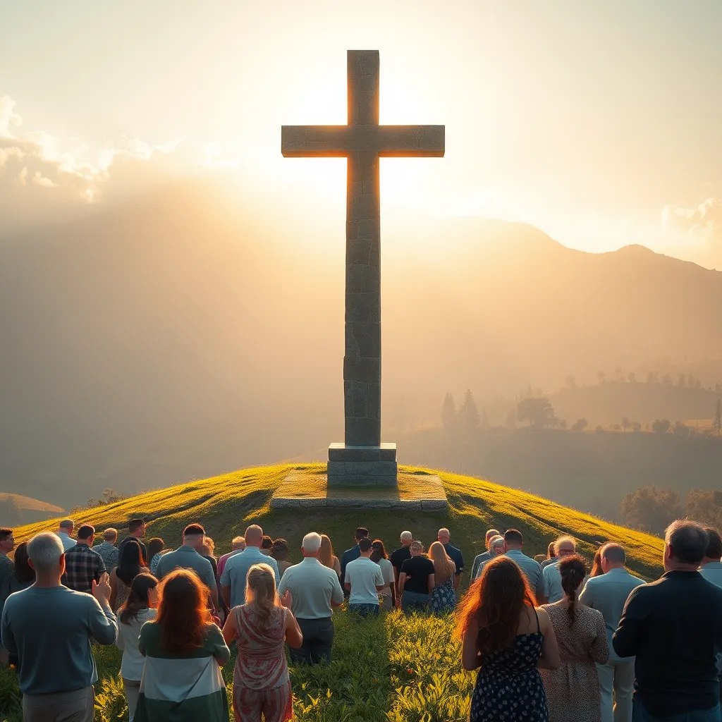 A serene landscape depicting a large, ancient stone cross on a hill, bathed in warm sunlight, surrounded by lush green fields. In the background, a diverse group of people of various ages and ethnicities, with their heads bowed in prayer, symbolizing unity in faith.
