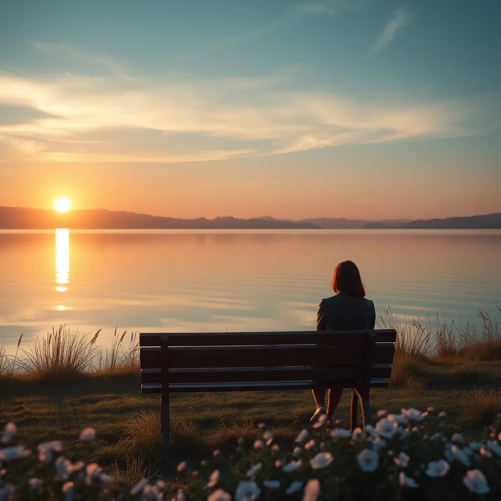 A serene landscape depicting a sunrise over a calm lake, symbolizing hope and new beginnings. In the foreground, a lone figure sits on a bench, looking contemplative, with delicate flowers around them representing beauty in loss and the journey through grief.