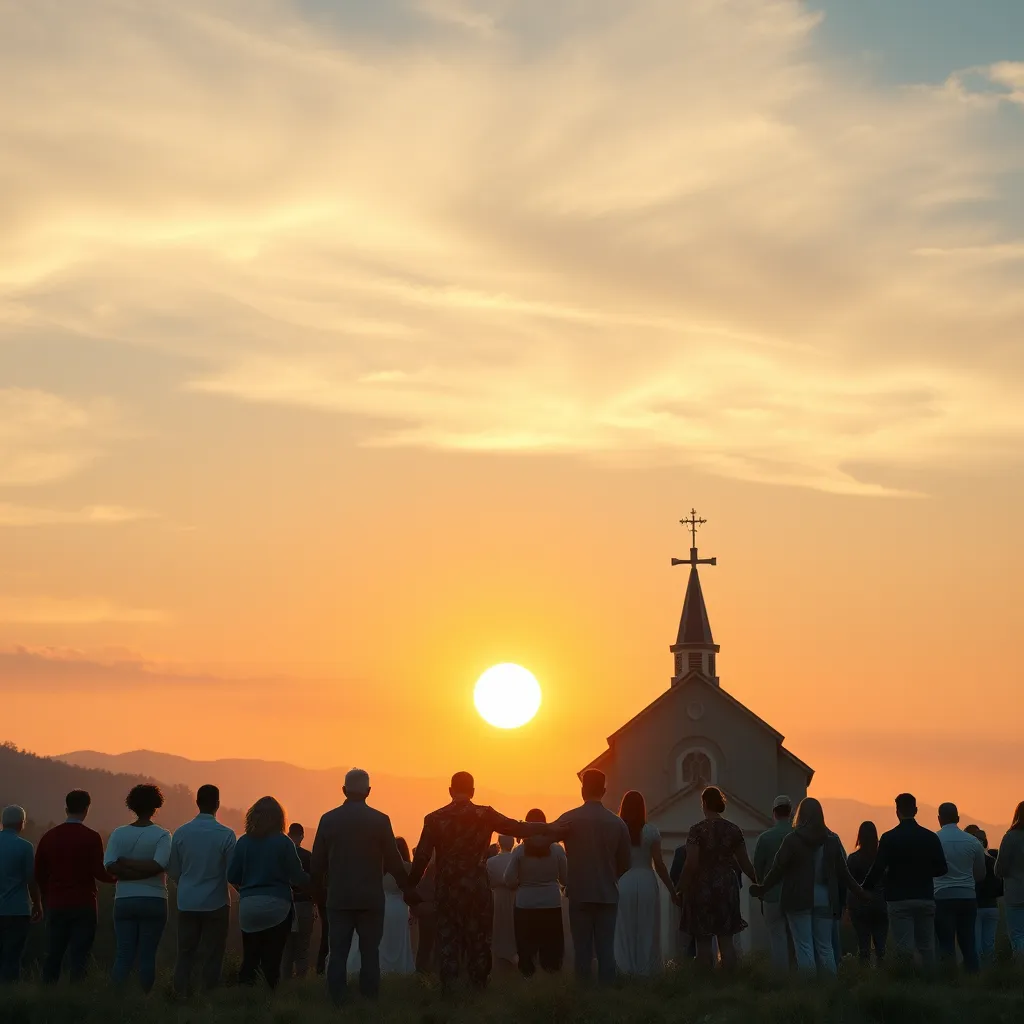 A serene landscape depicting a sunrise over a church with a cross, symbolizing hope and belief. In the foreground, a diverse group of people stands hand in hand, meditating or praying, representing unity and the foundation of faith within Christianity.