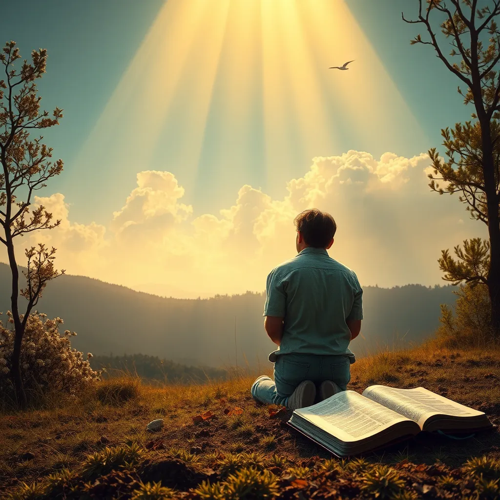 A serene landscape featuring a person kneeling in prayer, surrounded by nature. A soft golden light beams down, symbolizing divine provision, with a Bible open nearby. The scene evokes tranquility and trust in God's offerings.