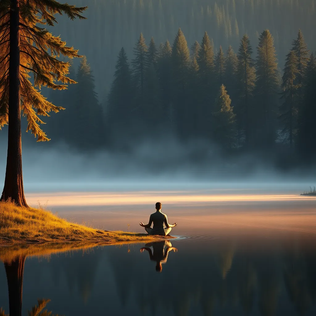A serene landscape featuring a peaceful lake surrounded by tall trees, with a person meditating by the water's edge. The scene embodies tranquility and healing, with soft sunset colors reflecting on the water, symbolizing personal growth and introspection.