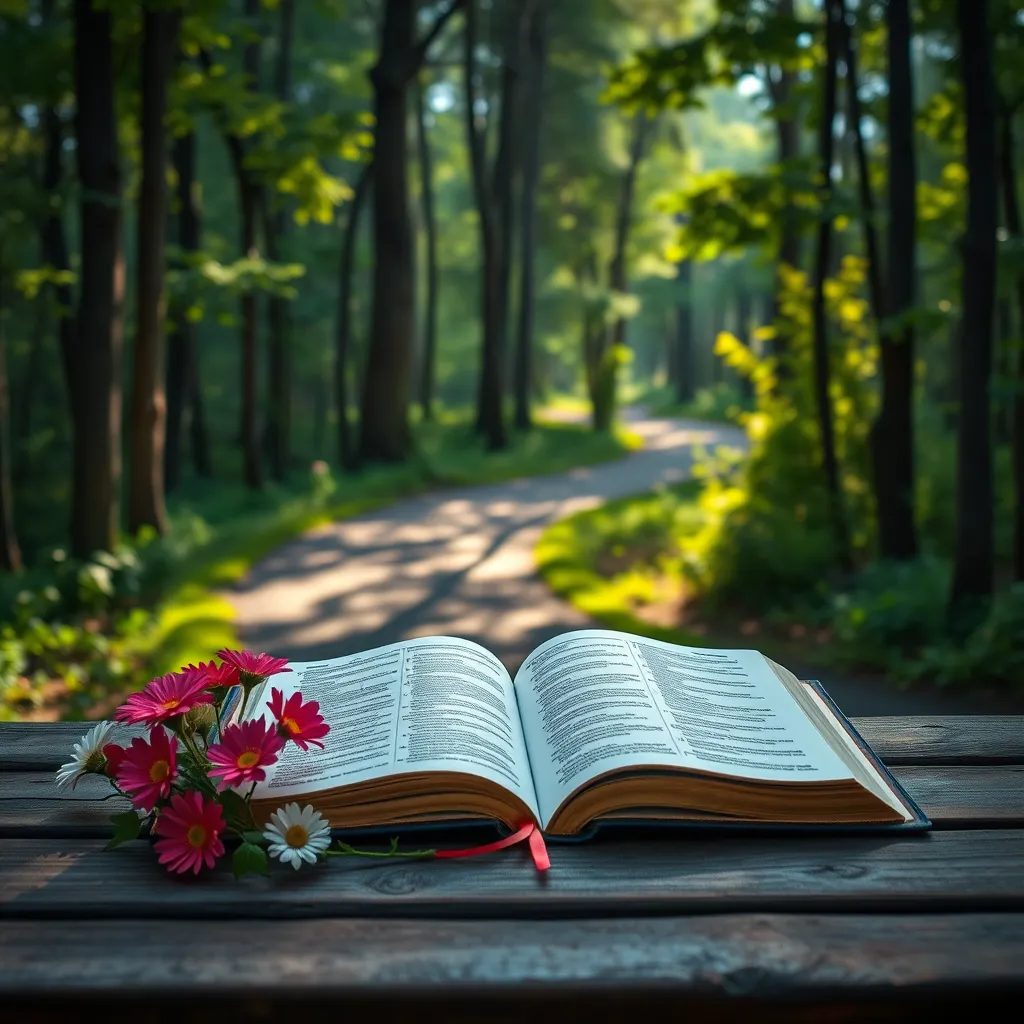 A serene landscape featuring a winding path through a lush forest, with sunlight filtering through the trees. In the foreground, an open Bible rests on a wooden bench, surrounded by vibrant flowers, symbolizing peace and divine guidance.