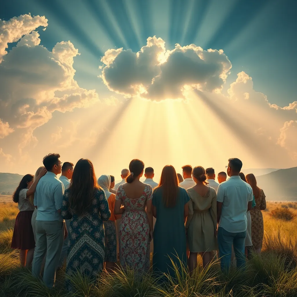 A serene landscape showing diverse individuals in a harmonious gathering, symbolizing community and divine purpose, with rays of sunlight breaking through clouds illuminating them, conveying a feeling of unity and divine presence.