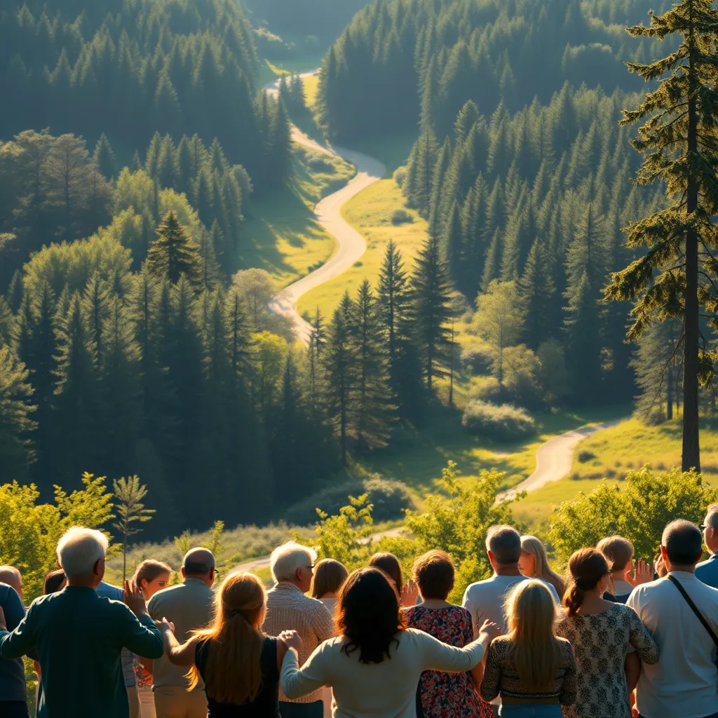 A serene landscape with a winding path leading through a lush forest, symbolizing the journey of faith. In the foreground, a diverse group of people of various ages and ethnicities are engaged in an outdoor worship gathering, holding hands and looking towards the sky, bathed in soft sunlight.
