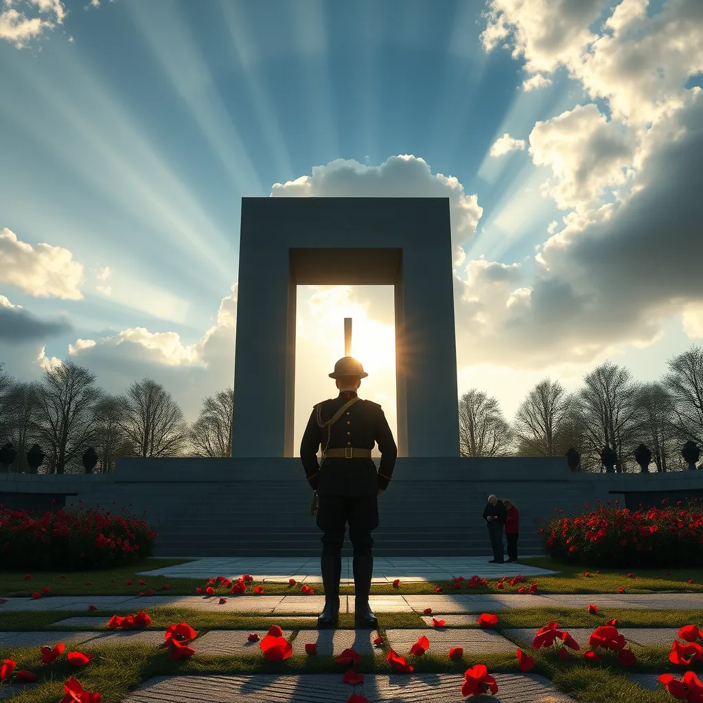 A serene memorial scene featuring a soldier's silhouette standing before a large war memorial, with gentle rays of sunlight breaking through clouds. Poppies are scattered on the ground, and people can be seen in the background, bowing their heads in respect.