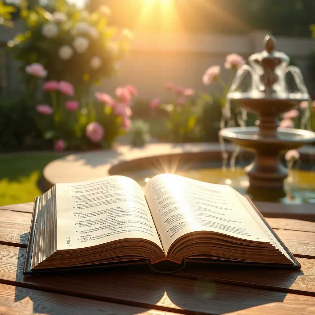 A serene morning scene featuring an open Bible on a wooden table, bathed in soft sunlight. The pages flutter gently, displaying a highlighted verse. In the background, a tranquil garden with blooming flowers and a calming water fountain evokes a sense of peace and comfort.