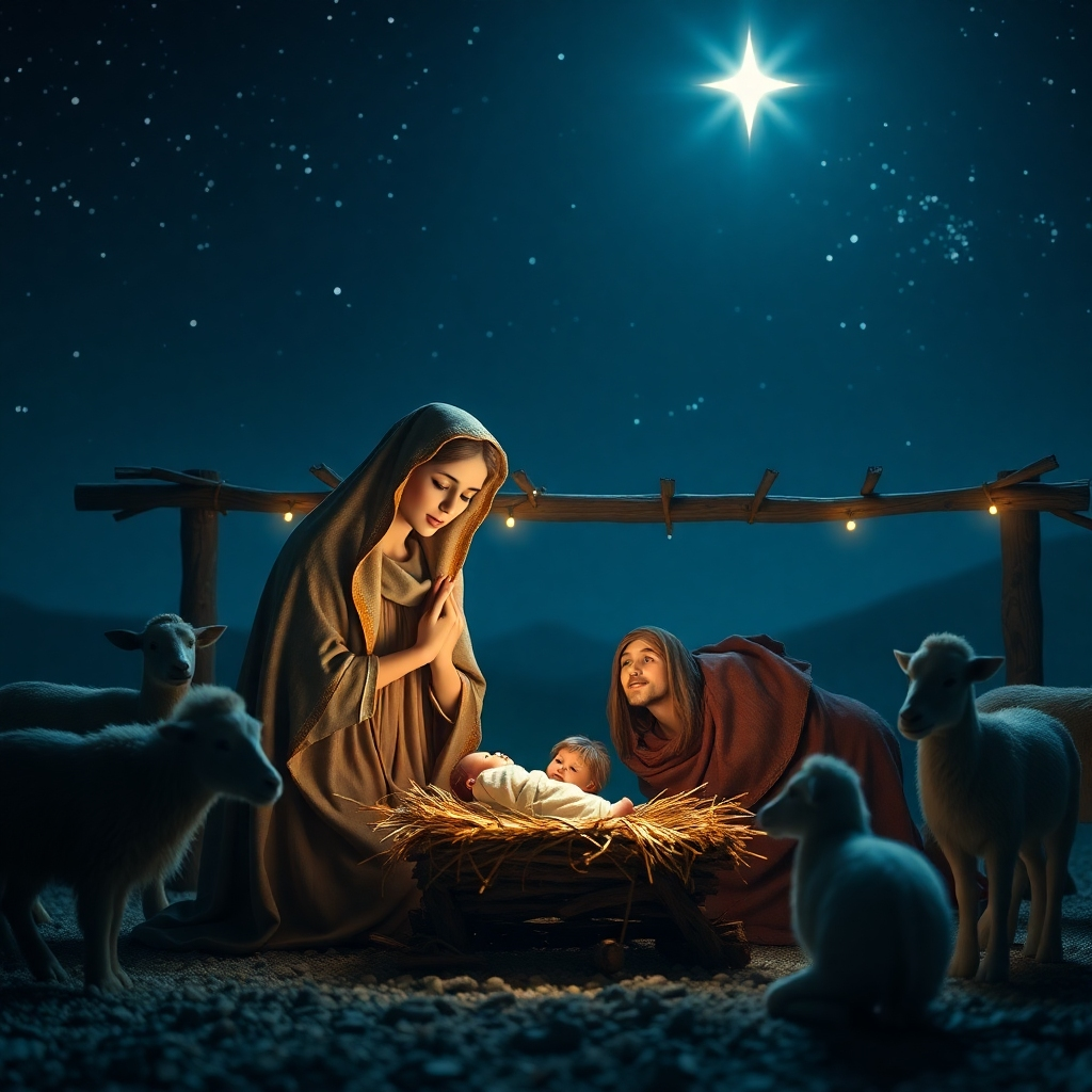 A serene nativity scene at night, depicting Mary and Joseph with baby Jesus in a manger, surrounded by soft glowing lights. The background features a starry sky, a bright star above the stable, and gentle animals observing the holy moment.