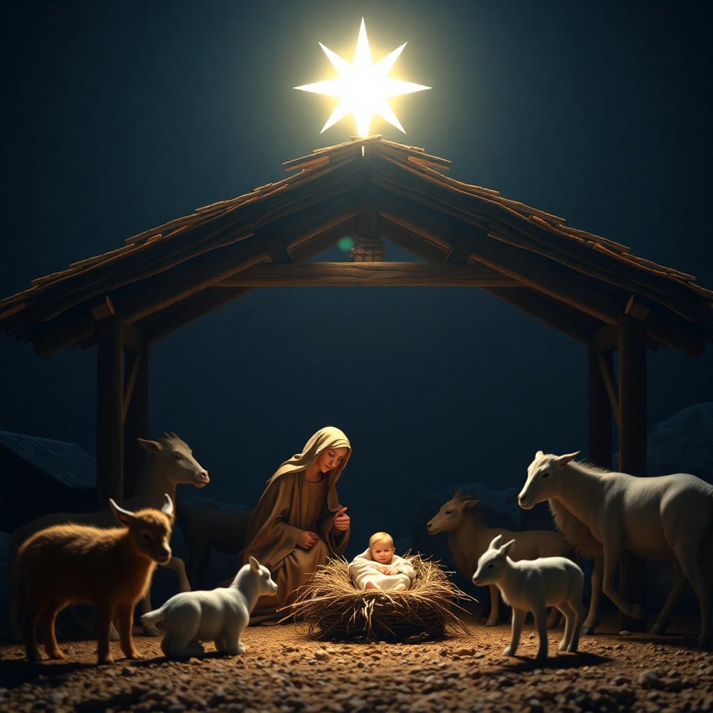 A serene nativity scene illuminated by a radiant star, featuring Mary, Joseph, and baby Jesus in a modest stable, with soft moonlight casting a gentle glow over the scene, surrounded by animals, representing peace and hope.