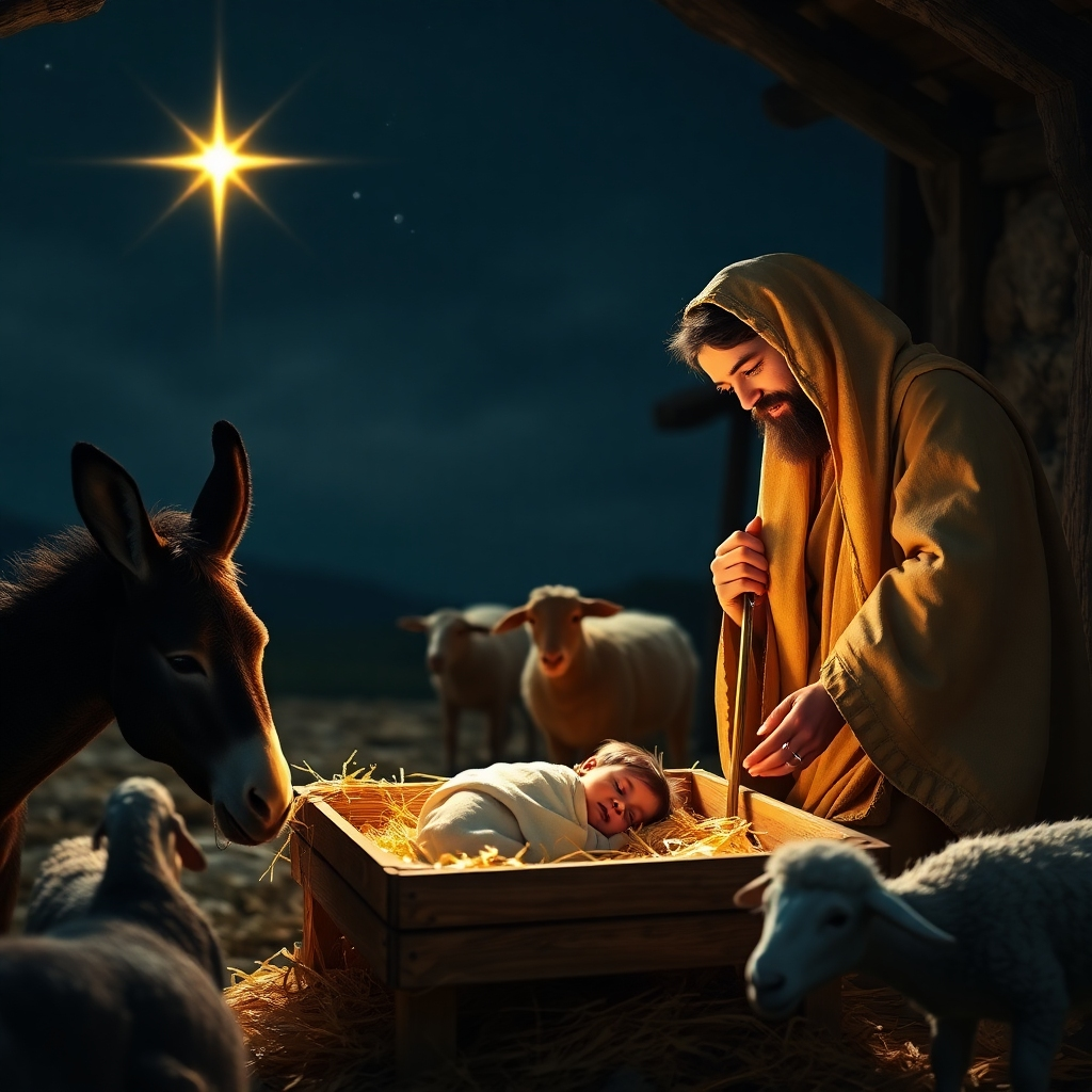 A serene night scene depicting the nativity in Bethlehem, with Mary and Joseph lovingly looking at baby Jesus, who rests in a wooden manger surrounded by soft hay. The stable is illuminated by a warm golden light, and animals such as a donkey and sheep are present, creating a tranquil atmosphere. The star of Bethlehem shines brightly in the sky, symbolizing hope and divine presence.