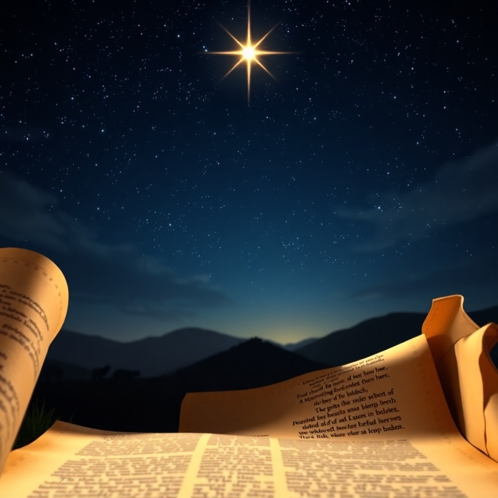 A serene night scene depicting a starry sky over Bethlehem, with a bright star shining down. In the foreground, a scroll unrolled with ancient Hebrew text and Bible verses. Soft silhouettes of sheep and a manger can be seen in the background.