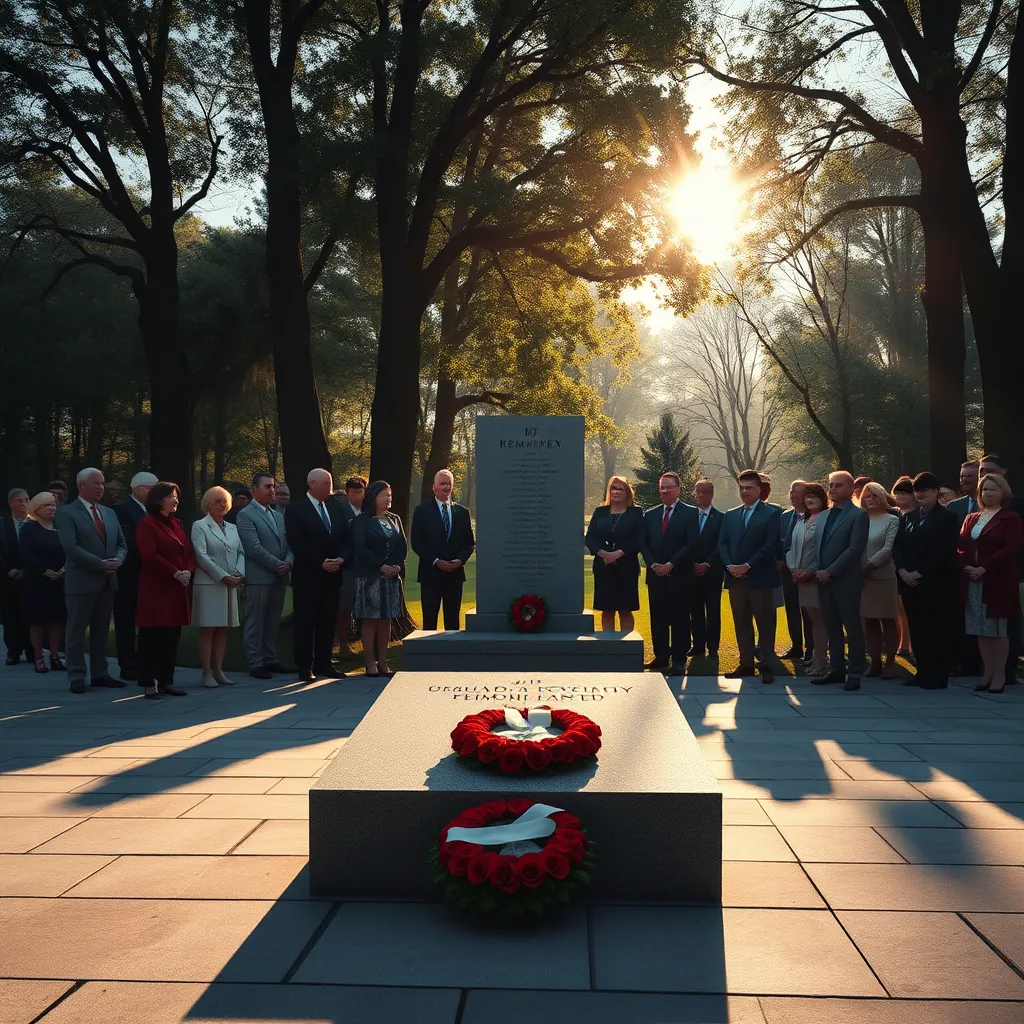 A serene outdoor memorial service for Remembrance Day, featuring a diverse group of people in formal attire standing solemnly. A large stone monument with engraved names and a wreath laid at its base. Soft sunlight piercing through trees, creating an atmospheric, respectful mood.