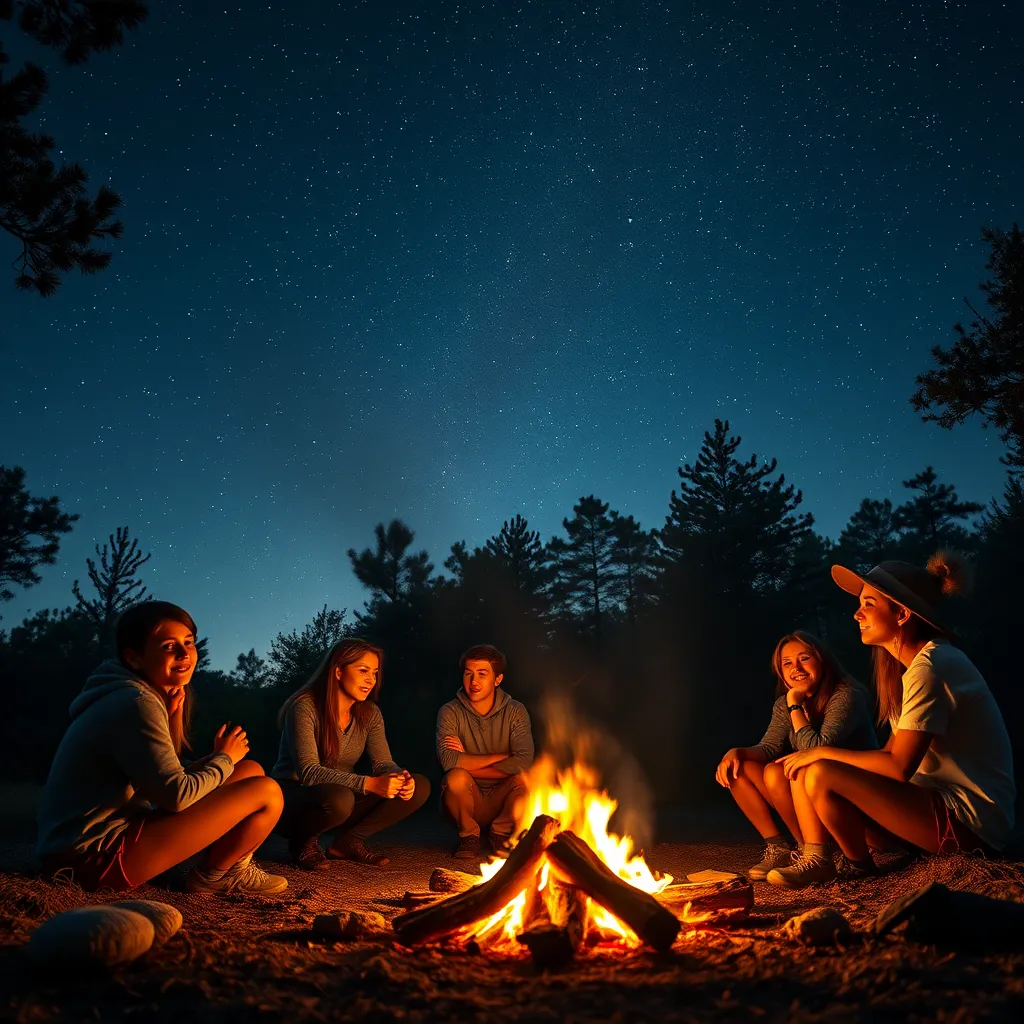 A serene outdoor retreat setting with teens gathered around a campfire under a starry night sky, sharing reflections and songs, with a warm fire illuminating faces, and trees surrounding the area, conveying a sense of peace and spirituality.