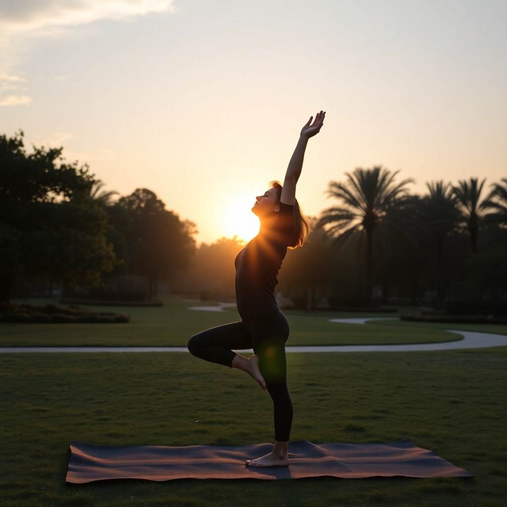 A serene outdoor scene depicting a person engaging in yoga at sunrise in a picturesque park, symbolic of mental health and wellbeing. Surrounding nature adds tranquility, and the person exudes a sense of focus and peace, reflecting a balanced lifestyle.