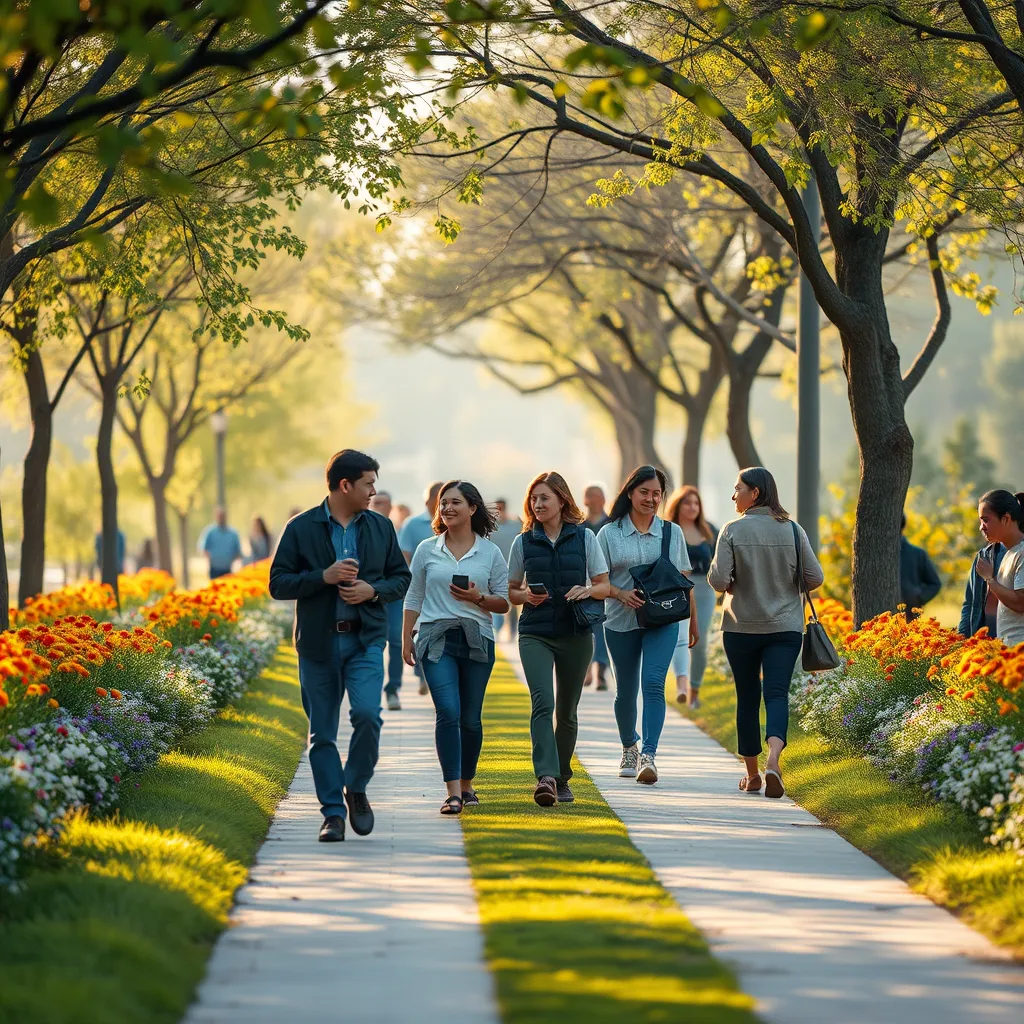A serene outdoor scene with individuals walking on a tranquil path lined with flowers and trees. Some participants are enjoying deep conversations, while others appear reflective and relaxed. The atmosphere conveys a sense of peace and tranquility, fostering mental well-being.