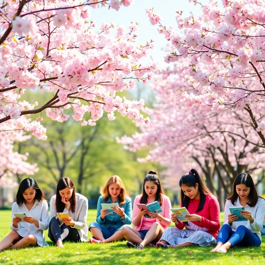 A serene park scene during spring, symbolizing growth and knowledge. A diverse group of people are seen reading AI news on various devices under blooming cherry blossom trees. The colors are bright and alive with shades of pink and green, with soft light filtering through the leaves. The focus is on the joy of sharing knowledge about AI in a tranquil, outdoor setting, portraying a harmonious relationship with technology.