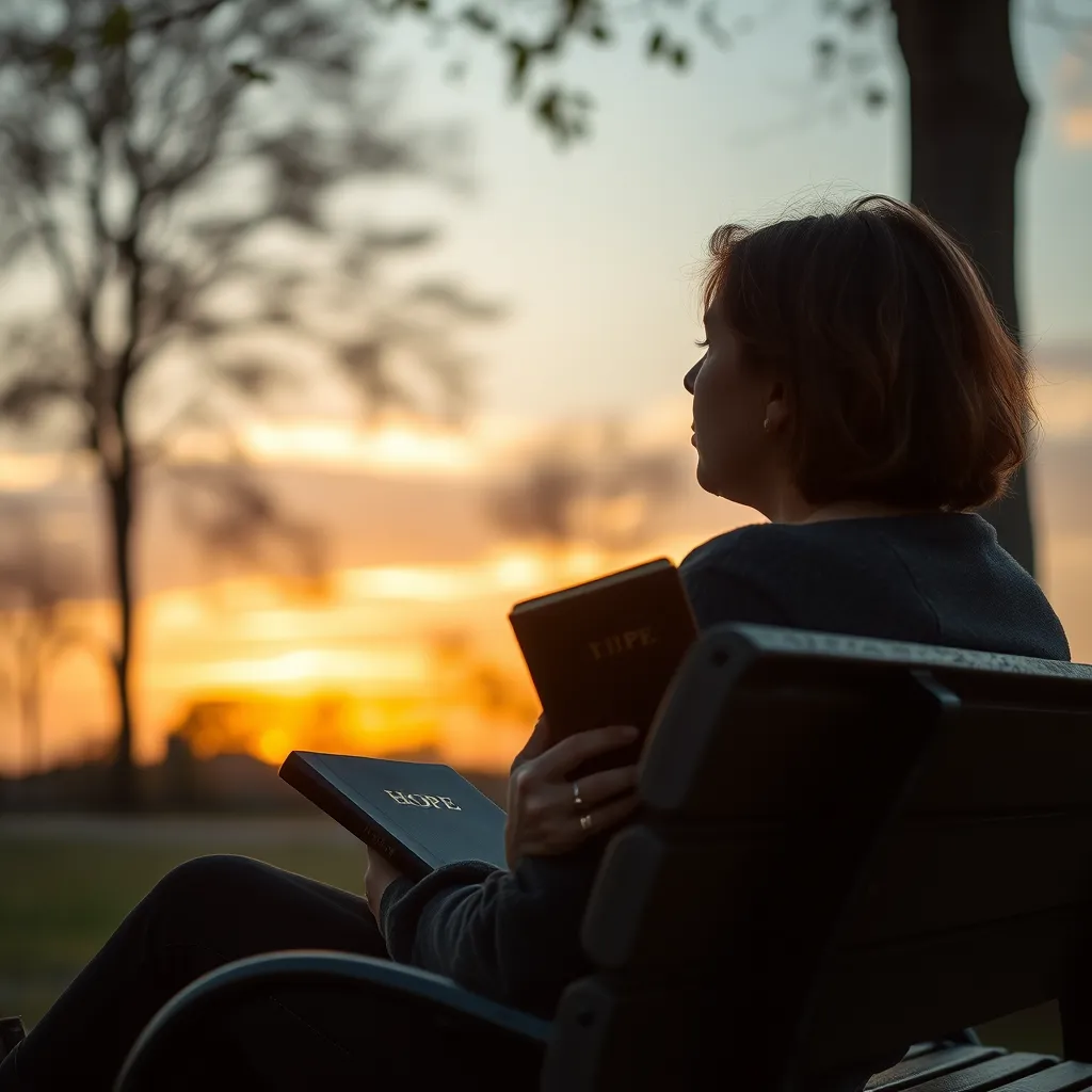 A serene portrait of a person sitting on a park bench, gazing at a sunset while holding a weathered Bible. The scene captures the essence of reflection and tranquility, with soft, golden light illuminating their face, symbolizing hope amid sorrow.