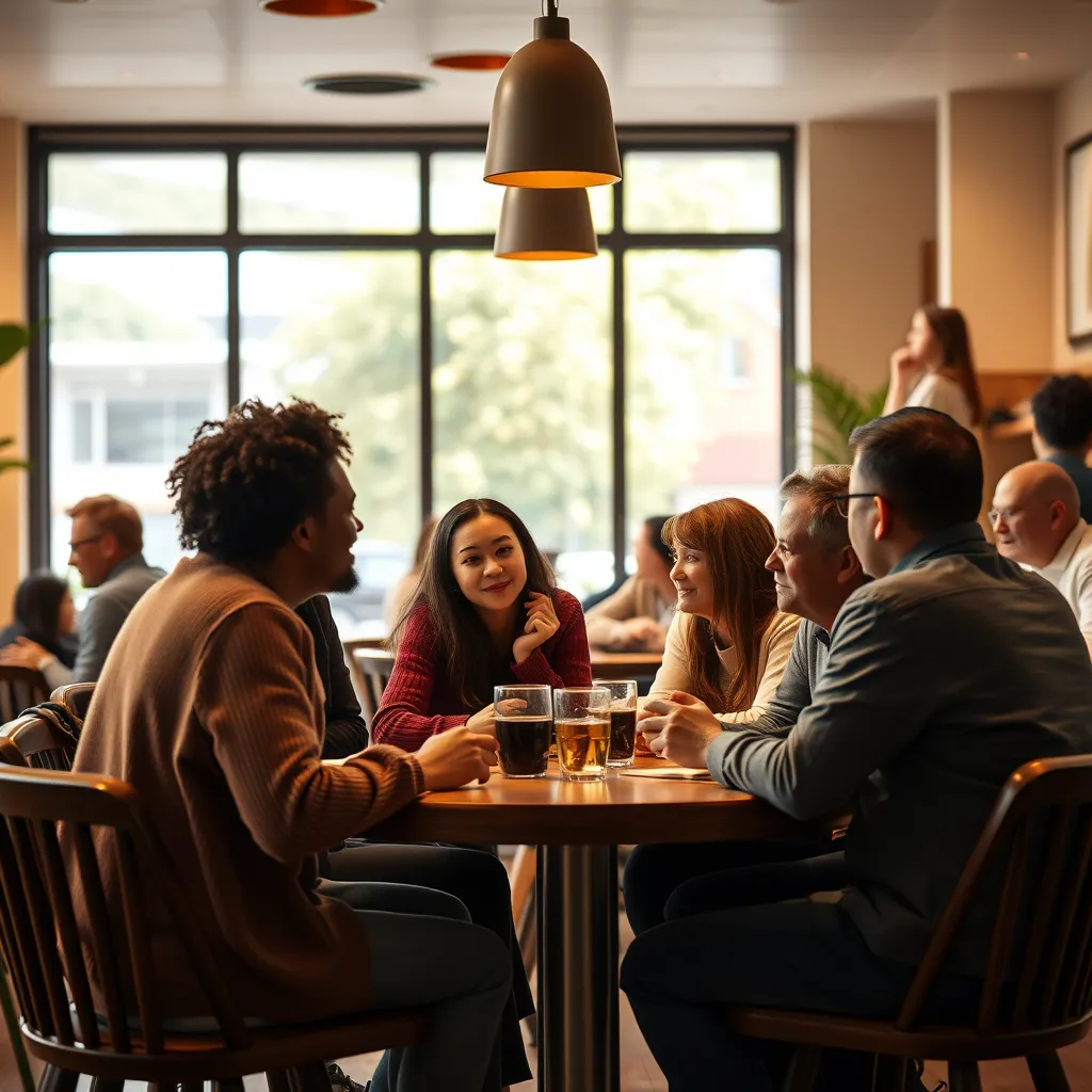 A serene scene depicting a diverse group of people sitting together in a warm, cozy coffee shop, engaging in open conversation. The atmosphere is inviting, with soft lighting and comforting colors, highlighting the sense of community and support among them.