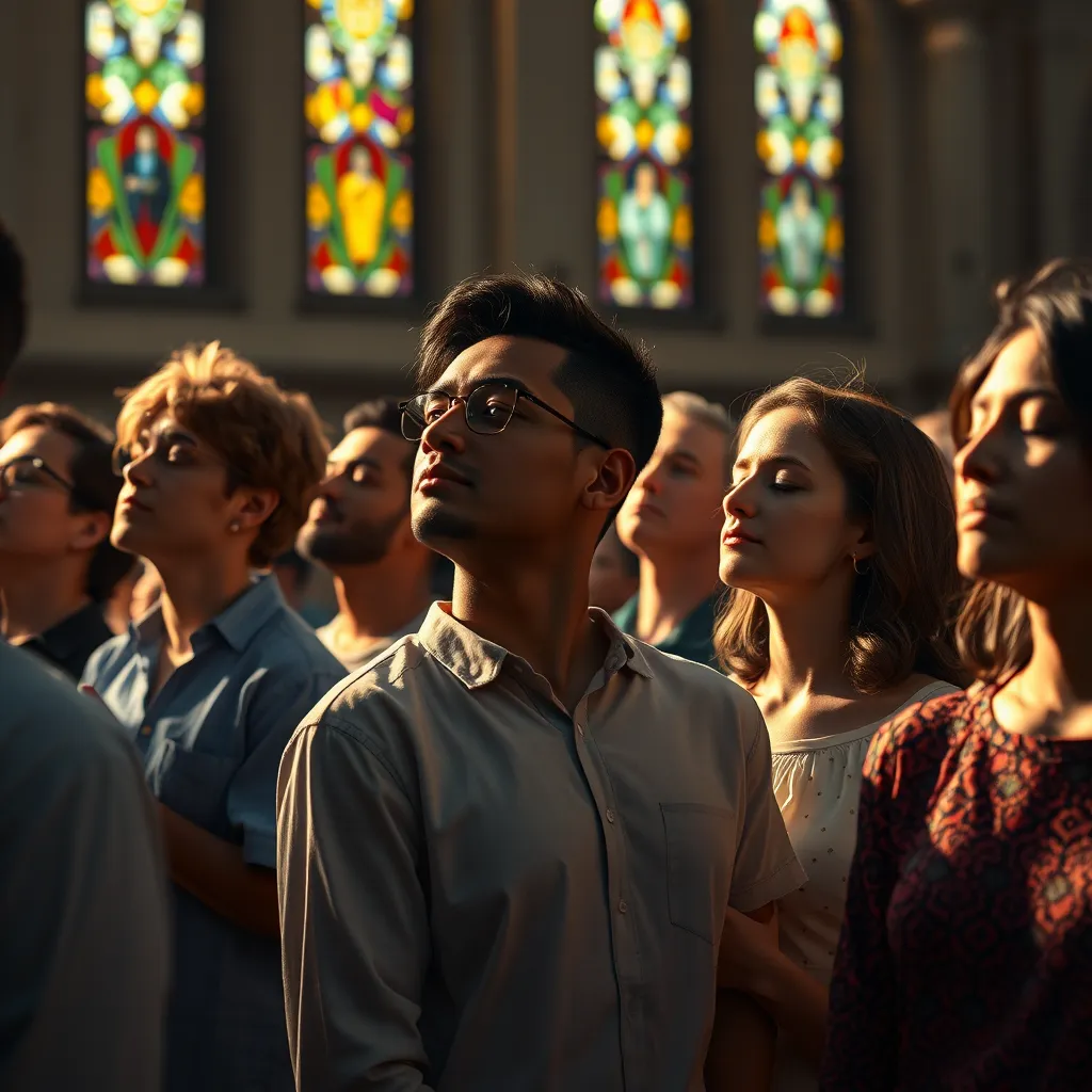 A serene scene depicting a diverse group of people gathered in a church, eyes closed in prayer with soft light streaming through stained glass windows, symbolizing the warmth and unity of faith that connects them to God.