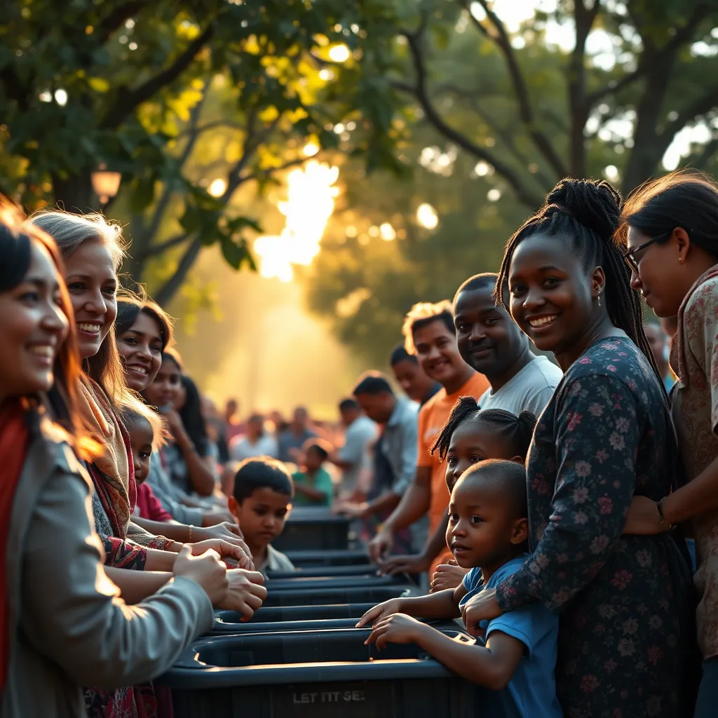  A serene scene depicting a diverse group of people participating in a community service event, helping the less fortunate. Include smiling faces, children playing, and volunteers working together, with an overlay of soft sunlight filtering through trees, symbolizing hope and guidance.