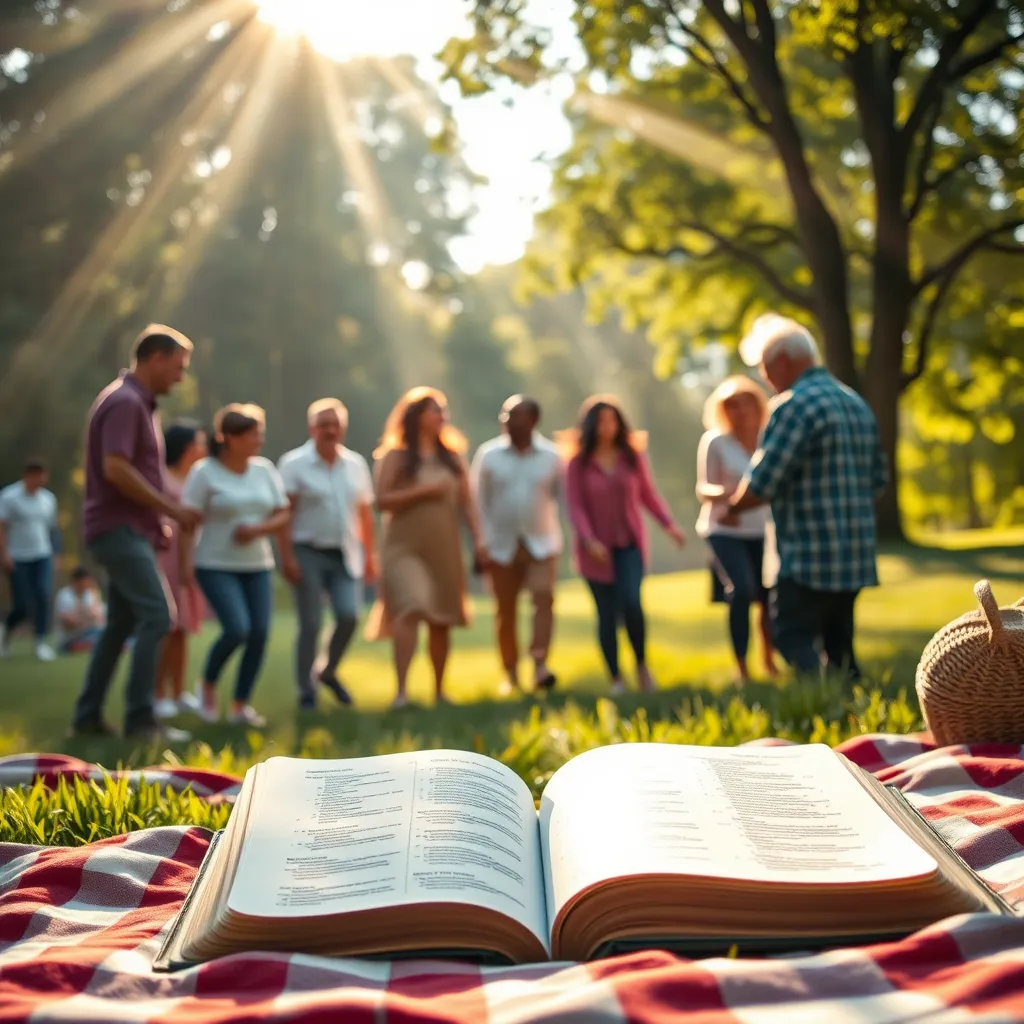 A serene scene depicting a diverse group of people in a park, warmly interacting and helping each other, with rays of sunlight breaking through the trees. In the background, a large open Bible rests on a picnic blanket, symbolizing faith guiding daily life.