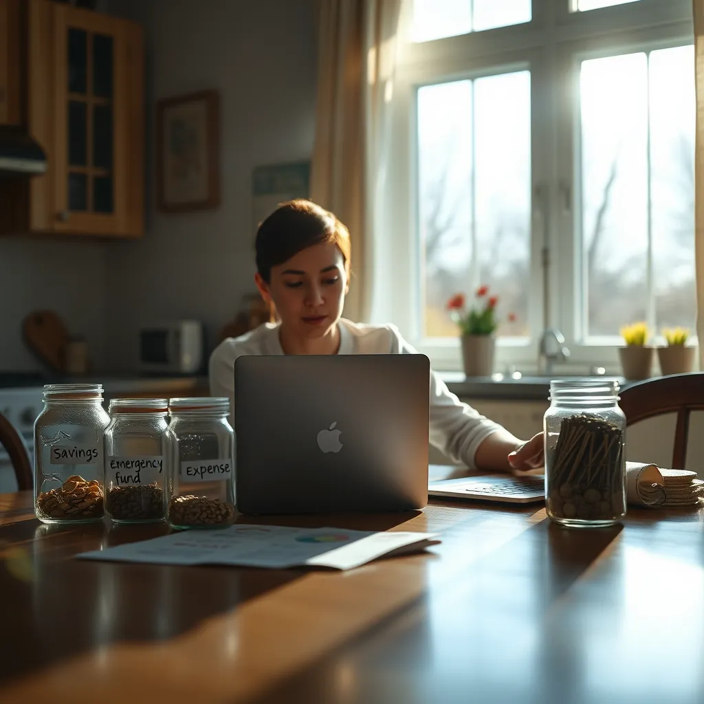 A serene scene depicting a person sitting at a kitchen table with a laptop open, creating a budget, surrounded by jars labeled 'savings,' 'emergency fund,' and 'expenses.' The bright morning light streams through a window, symbolizing hope and planning.
