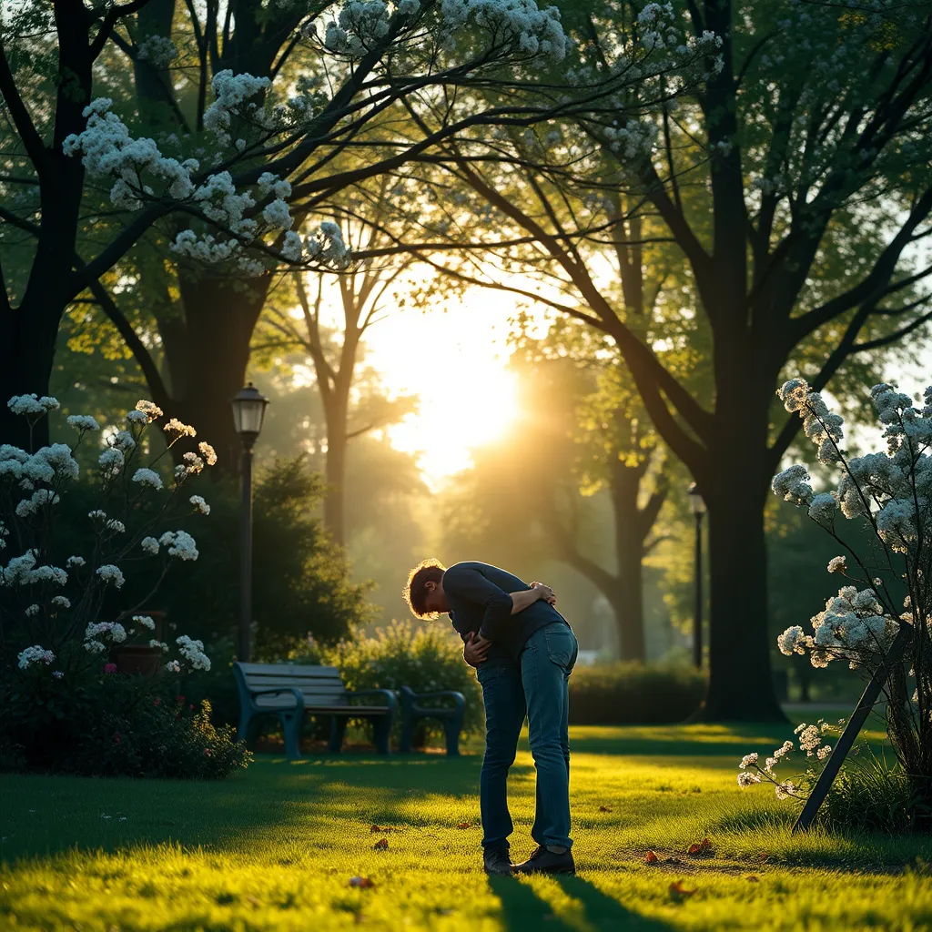 A serene scene depicting two individuals in a park, embracing after a disagreement, surrounded by blooming flowers and greenery. Sunlight filters through the trees, symbolizing hope and reconciliation, while soft shadows cast a peaceful ambiance.