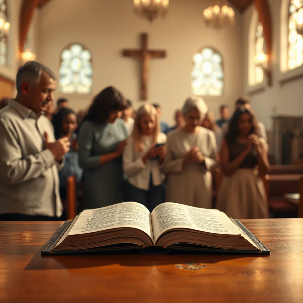 A serene scene in a cozy church setting, with a gentle light illuminating an open Bible on a wooden table. In the background, a diverse group of people pray together, representing unity and support. Soft colors and warm tones emphasize a sense of peace and resilience.