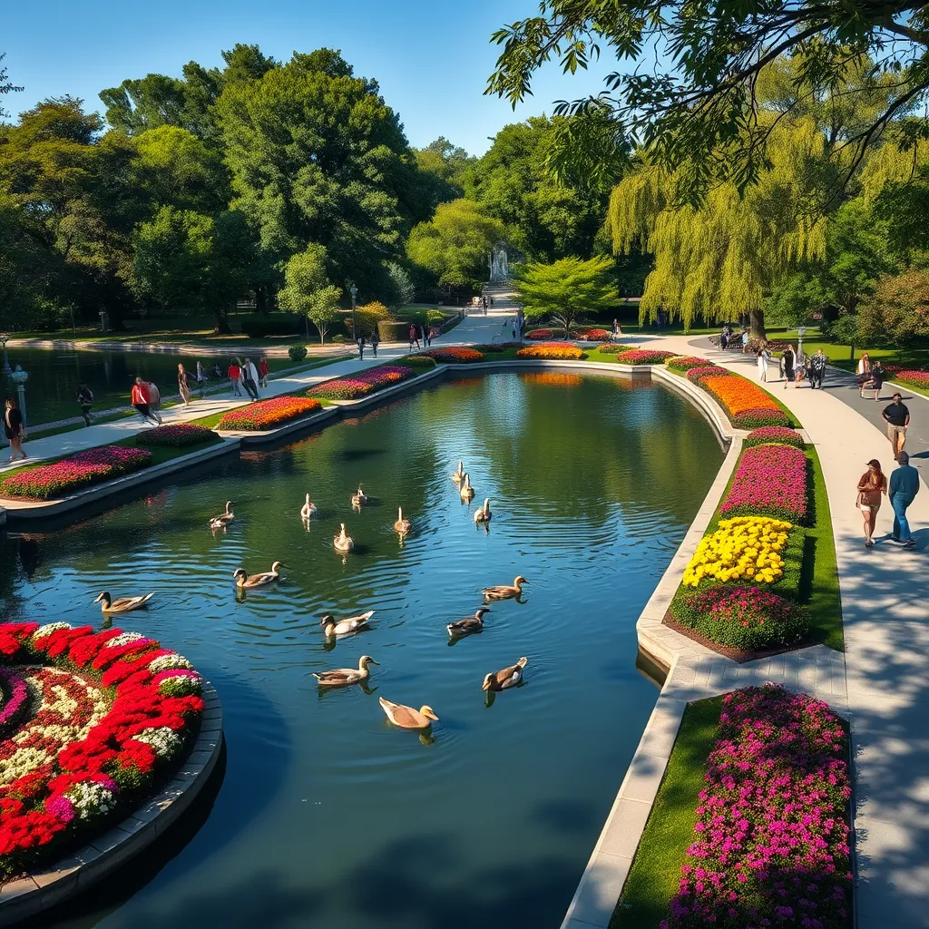 A serene scene in East Park showcasing a beautiful lake surrounded by colorful flower beds and well-tended greenery. A diverse group of people are leisurely walking along the paths, with ducks swimming in the lake and trees casting dappled shadows.