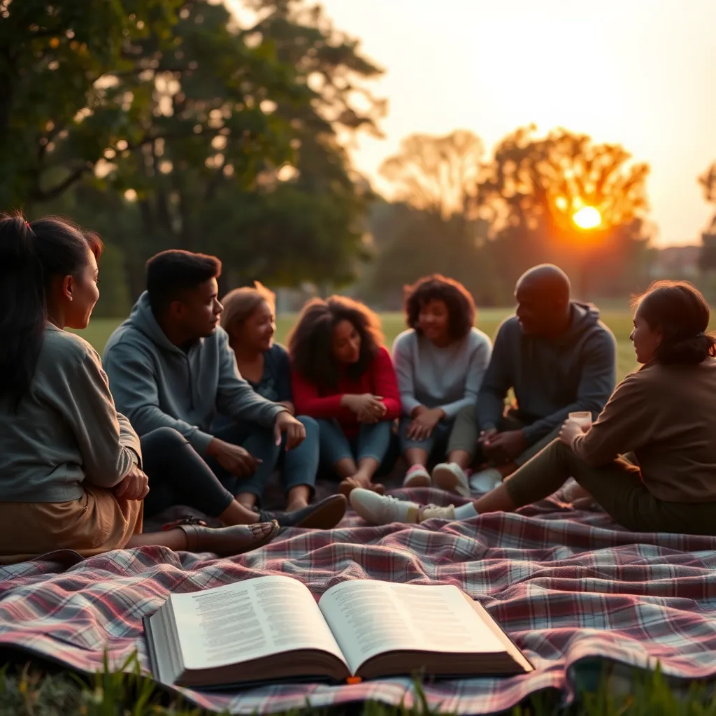 A serene scene of a diverse group of people gathered in a park, sitting together, engaged in heartfelt conversation, with a soft sunset in the background, conveying a sense of community support and unity, along with an open Bible placed on a blanket nearby.