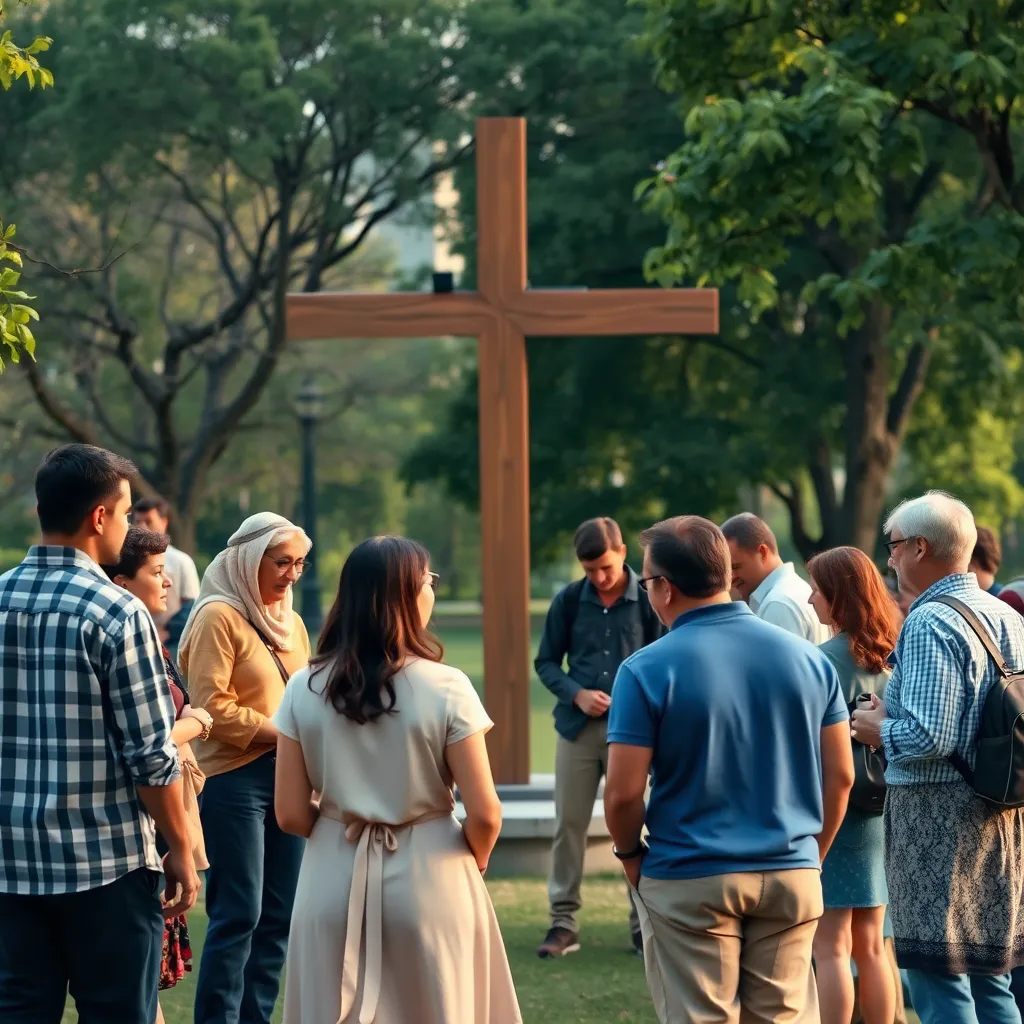 A serene scene of a diverse group of people gathered in a peaceful park, engaged in conversation and helping each other, with a large wooden cross subtly placed in the background, symbolizing Jesus' teachings guiding their actions.