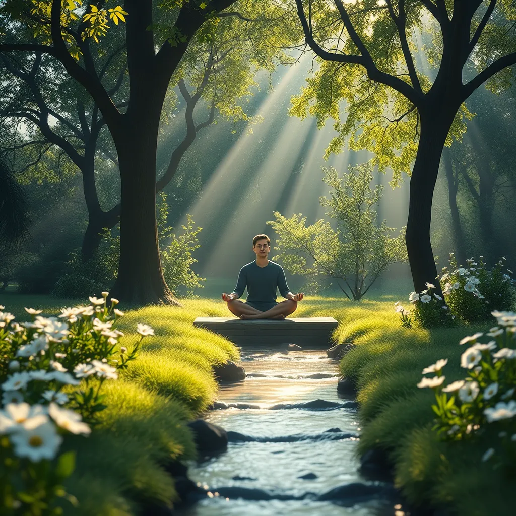 A serene scene of a peaceful meditation space, featuring a person meditating in a tranquil garden surrounded by nature. Soft sunlight filters through trees, highlighting delicate flowers and a gently bubbling stream, creating a harmonious, calming atmosphere.