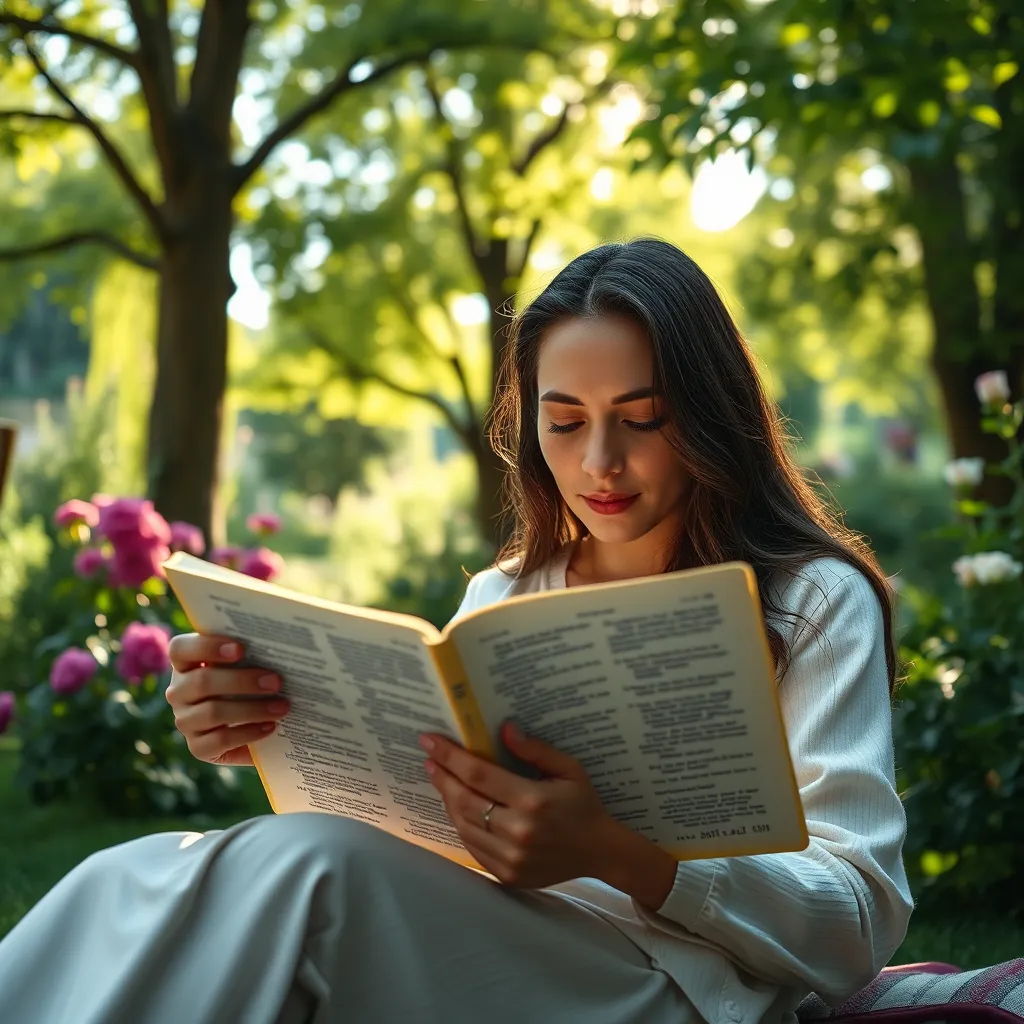 A serene scene of a person sitting in a peaceful garden, reading a Bible with open pages showing highlighted verses. Include soft sunlight filtering through trees, creating a tranquil environment with gentle, contemplative expressions.