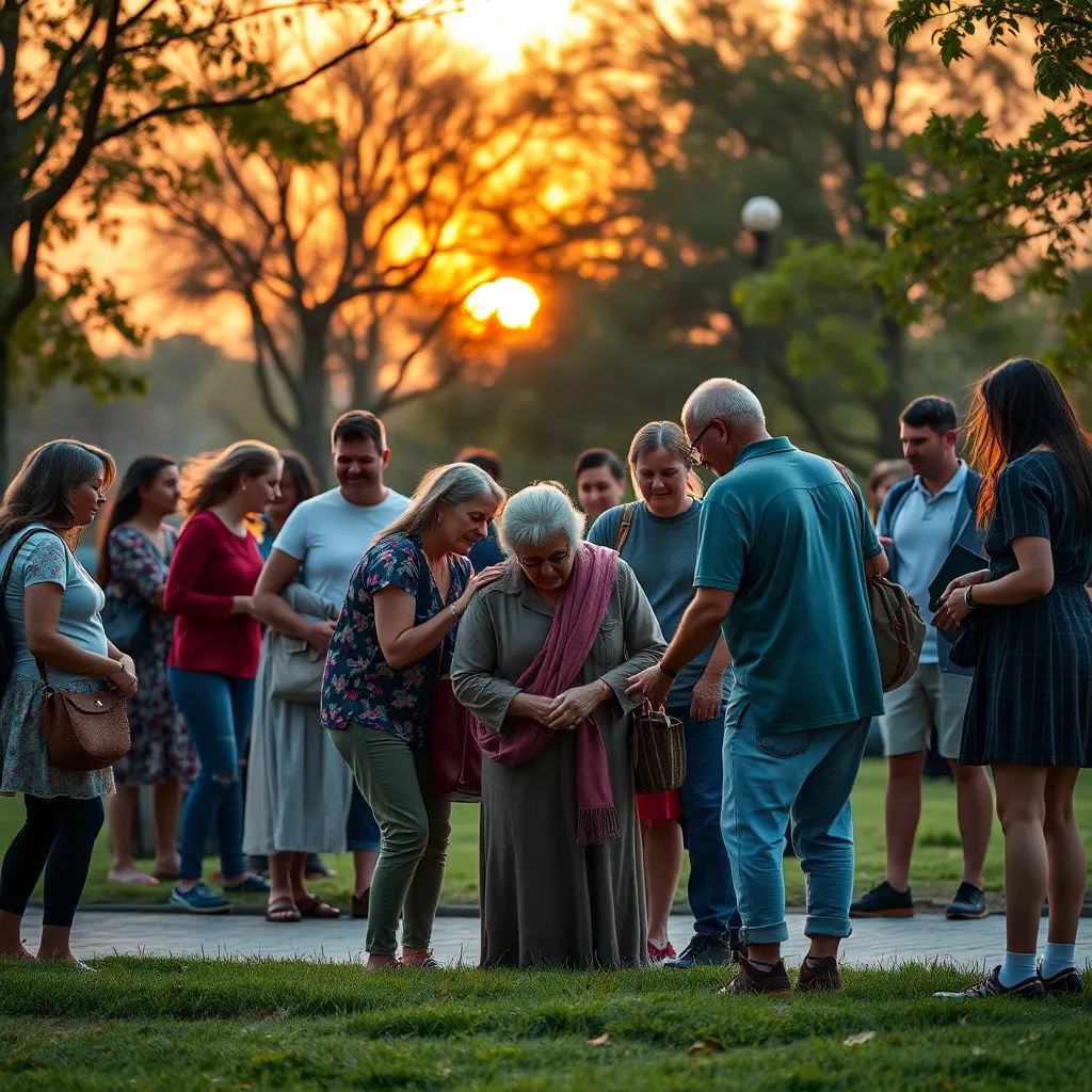 A serene scene of diverse individuals in a vibrant local park, engaged in acts of kindness and community service, with a warm sunset in the background. In the foreground, a diverse group is helping an elderly person, highlighting compassion and moral guidance inspired by Jesus.