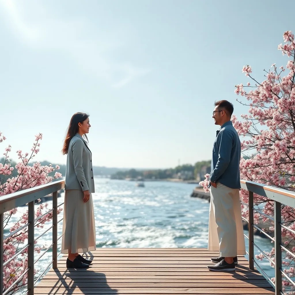 A serene scene of two individuals standing on a bridge, facing each other with smiles, symbolizing reconciliation. The background features a flowing river and blooming flowers, illustrating a theme of peace and renewal. The sky is bright and clear.